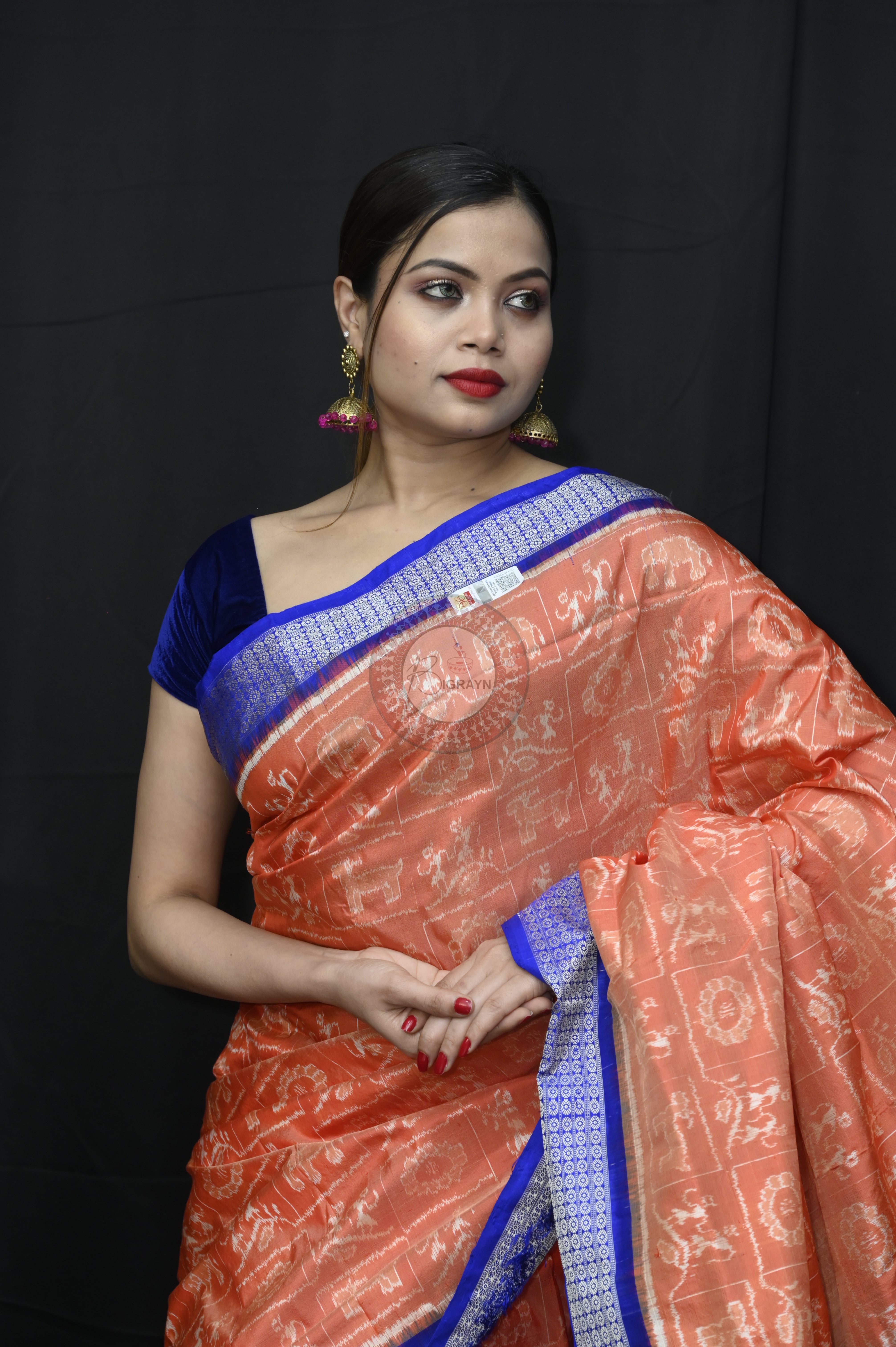 Peach Blue Tribal And Animal Bandha Sambalpuri Silk Saree