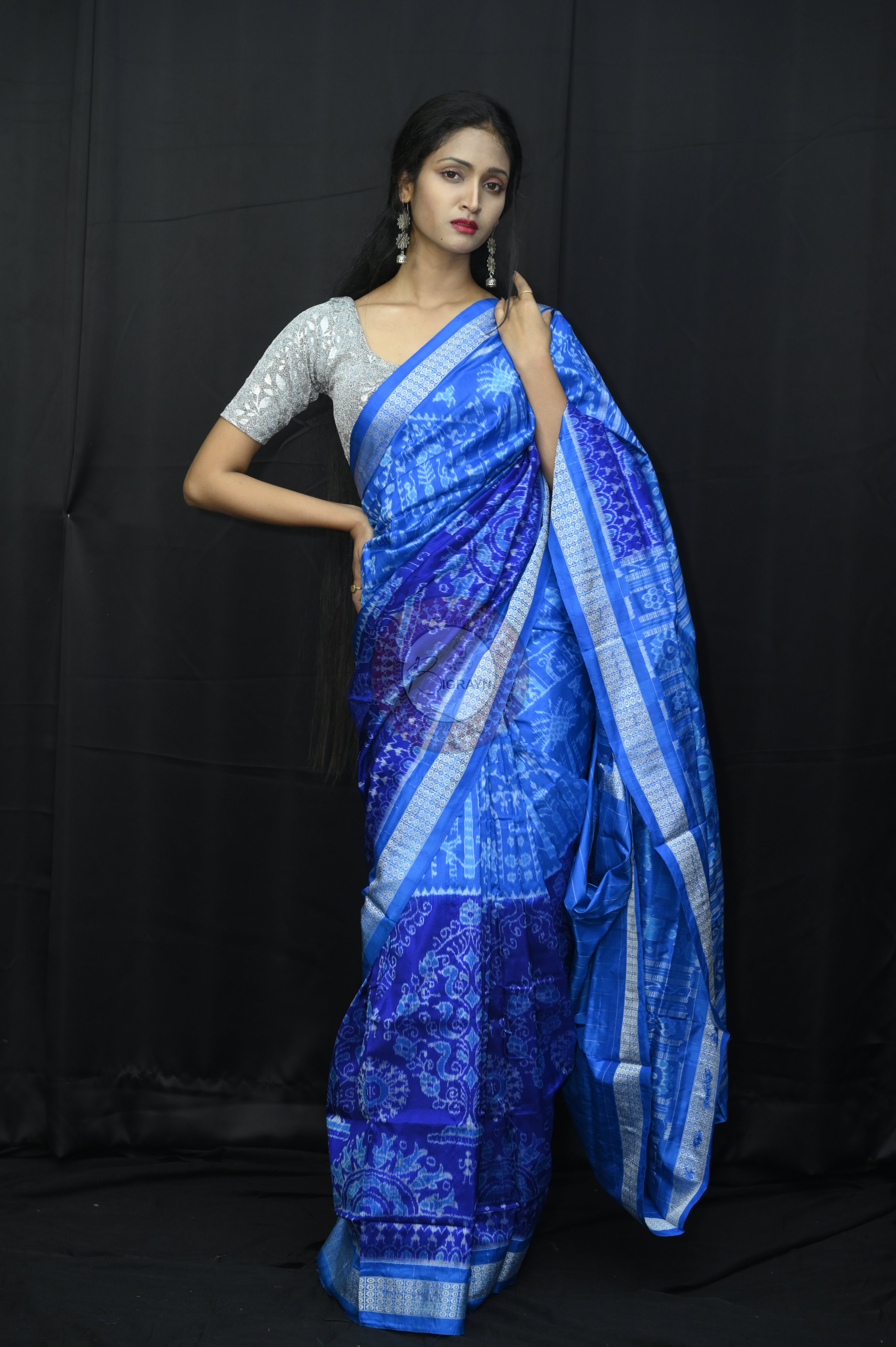 Copper Sulphate Blue Tribal With Tree Sambalpuri Silk Saree