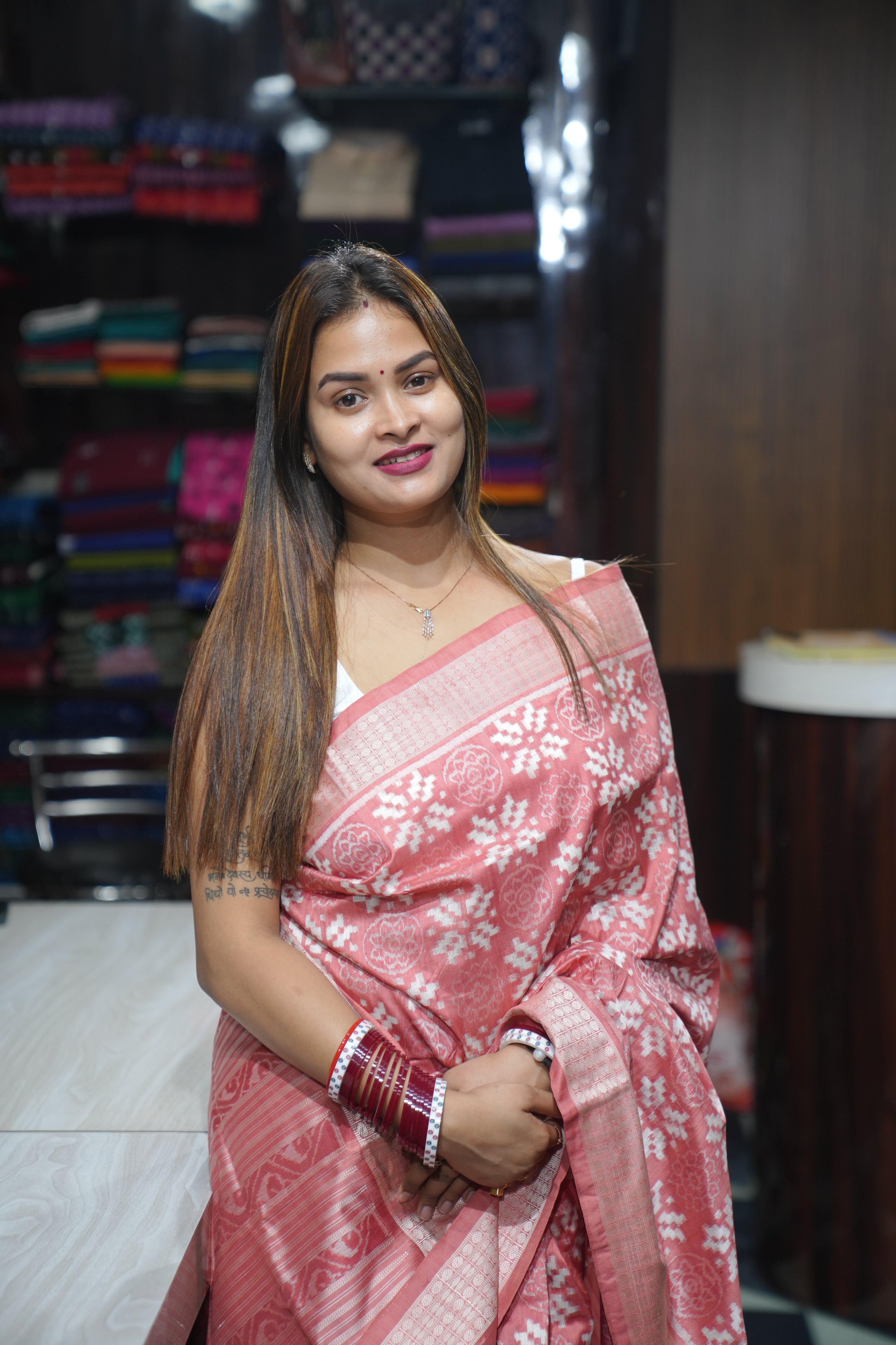 Peach Pink Flower Design Natural Dye Sambalpuri Silk Saree