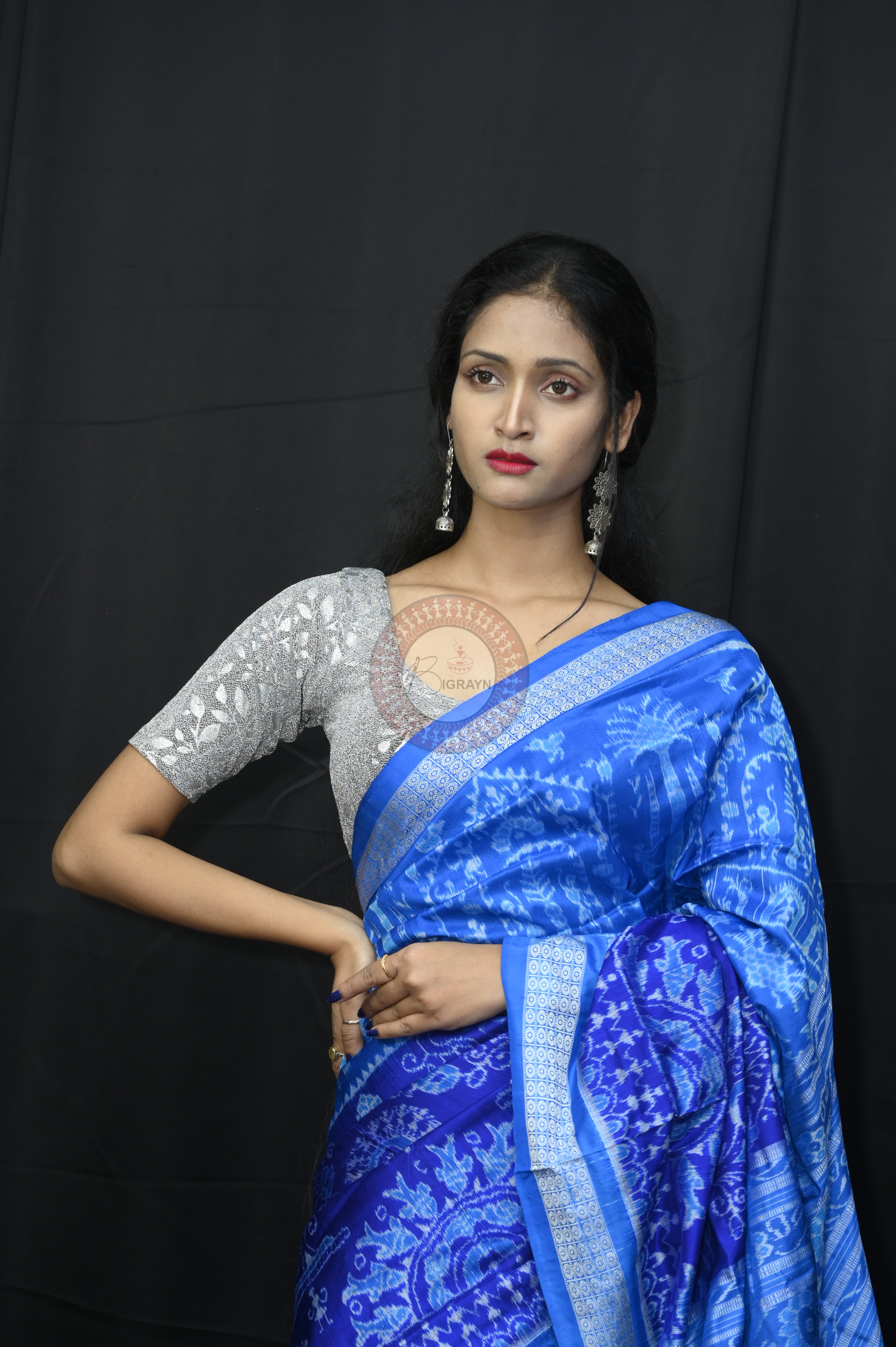 Copper Sulphate Blue Tribal With Tree Sambalpuri Silk Saree