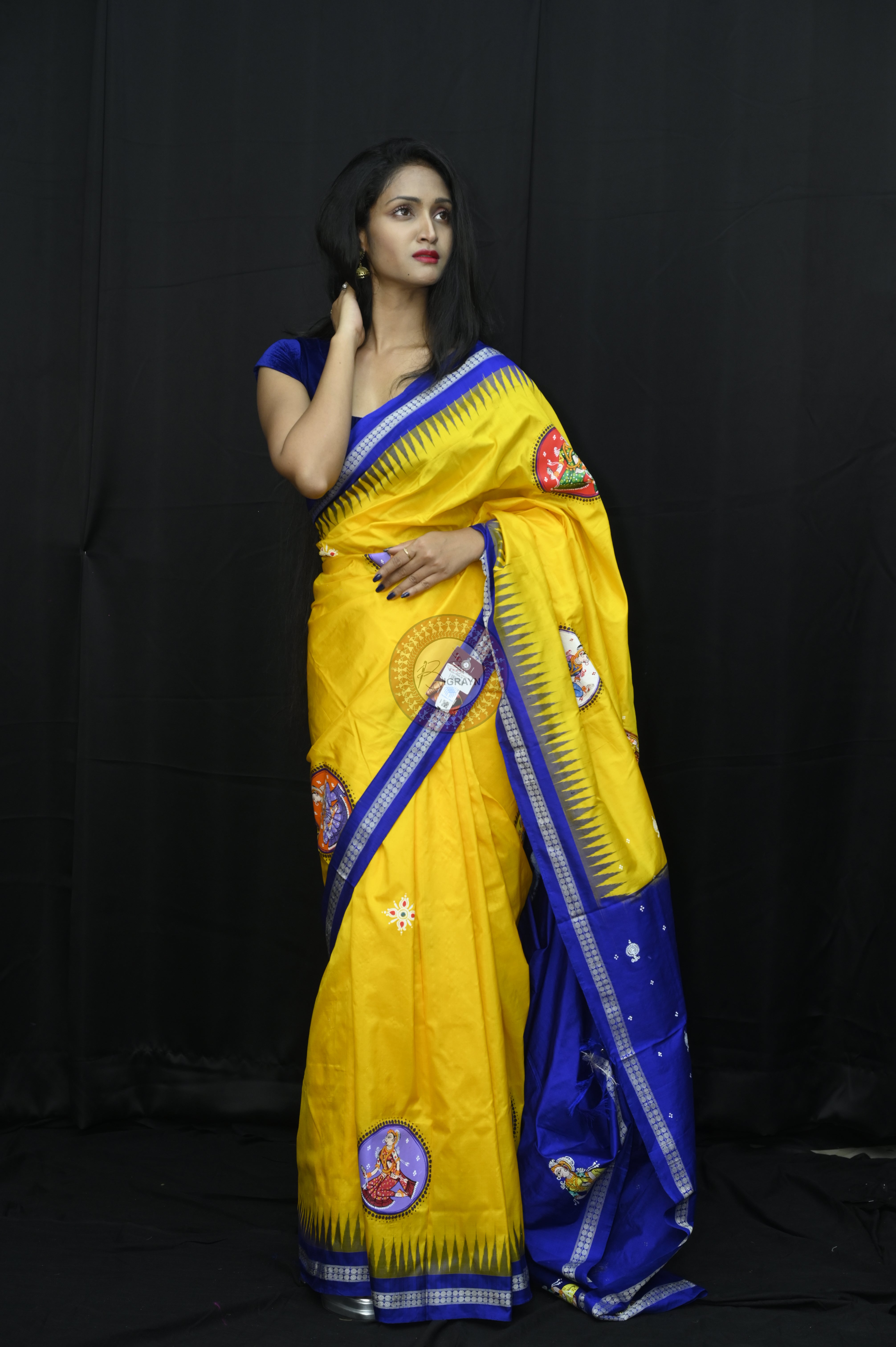 Yellow Blue Kandarp Kalasha Theme Pattachitra Sambalpuri Silk Saree