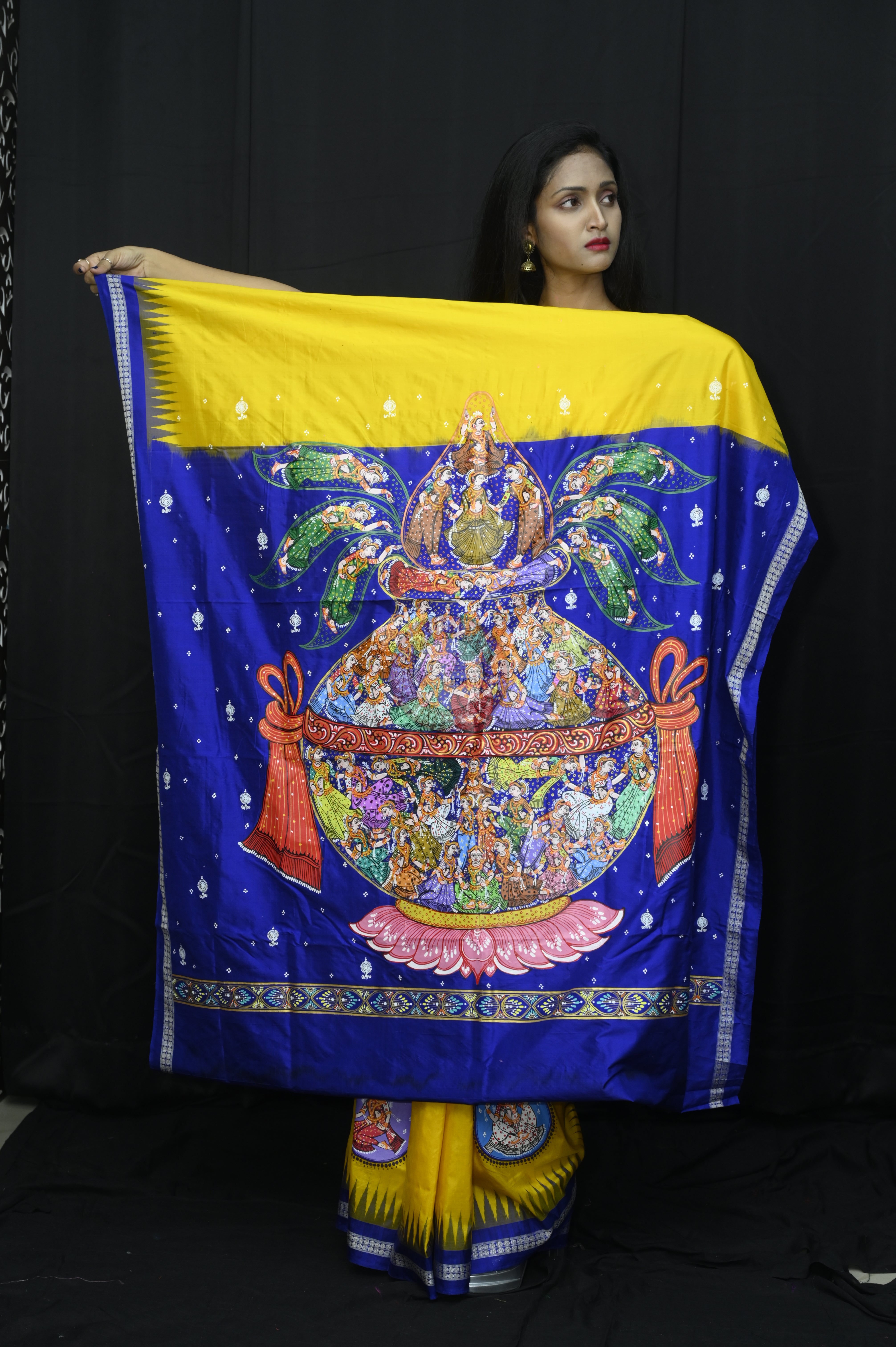 Yellow Blue Kandarp Kalasha Theme Pattachitra Sambalpuri Silk Saree