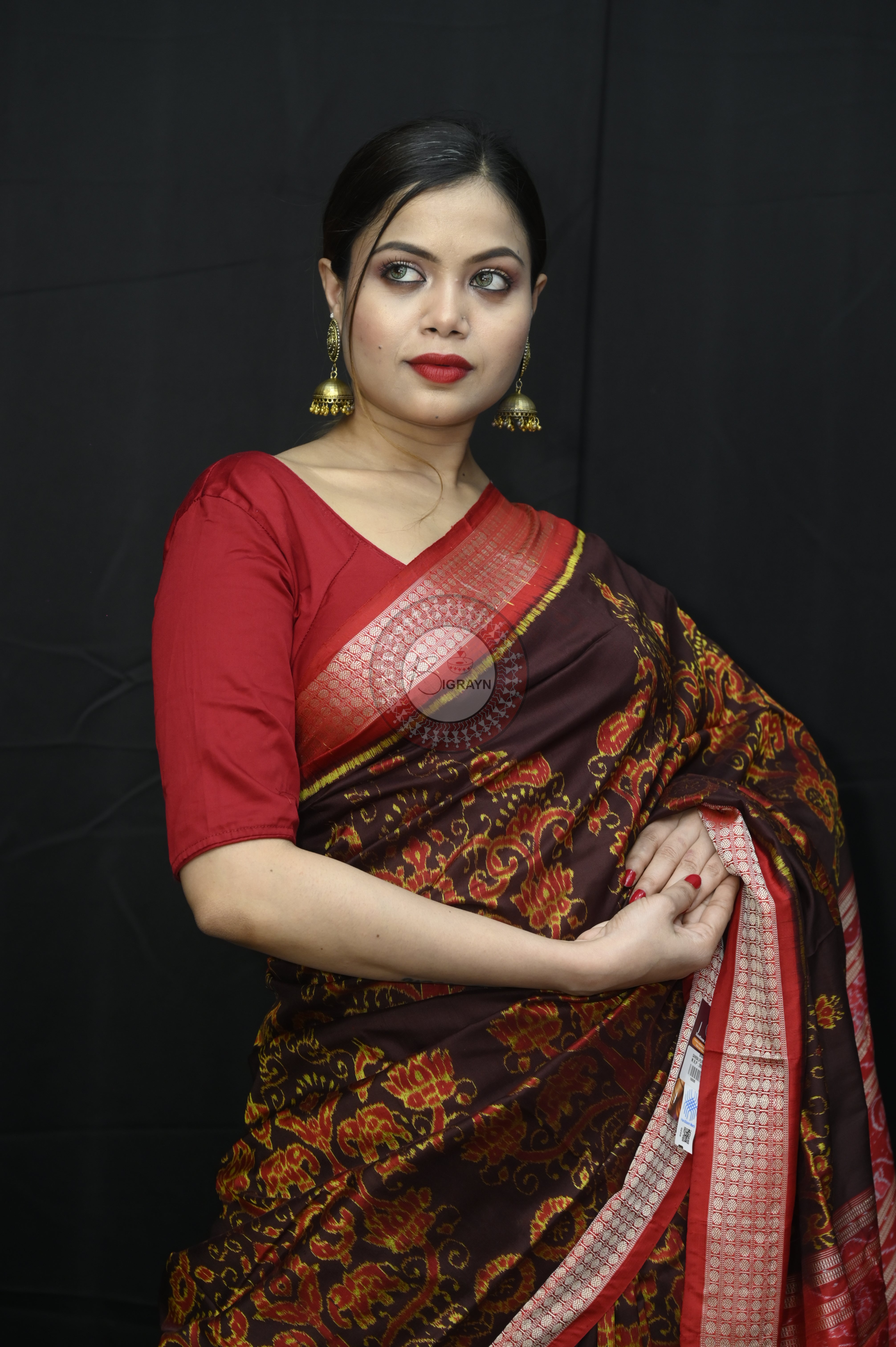Coffee Red Jhoti Design Sambalpuri Silk Saree