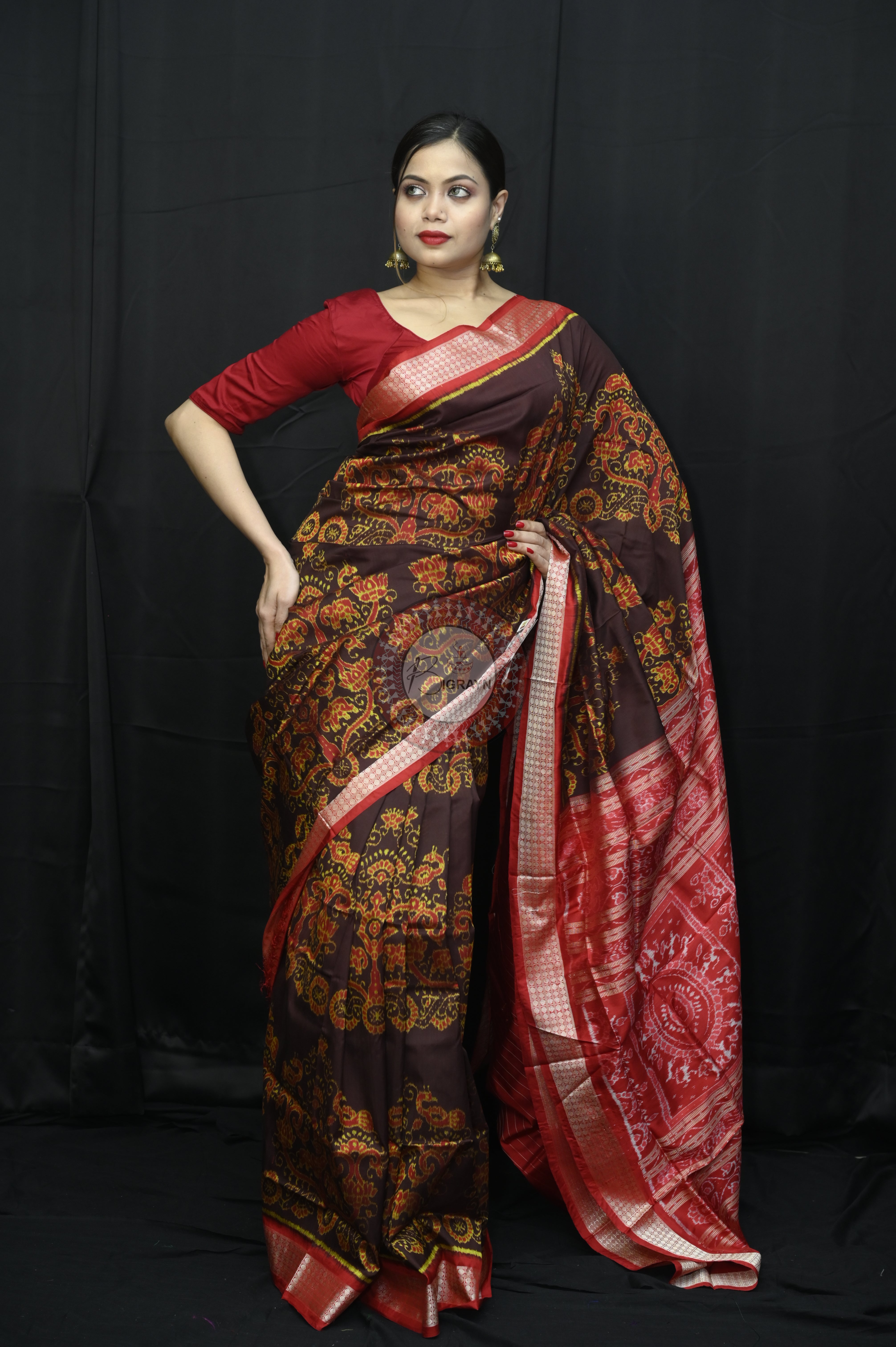 Coffee Red Jhoti Design Sambalpuri Silk Saree