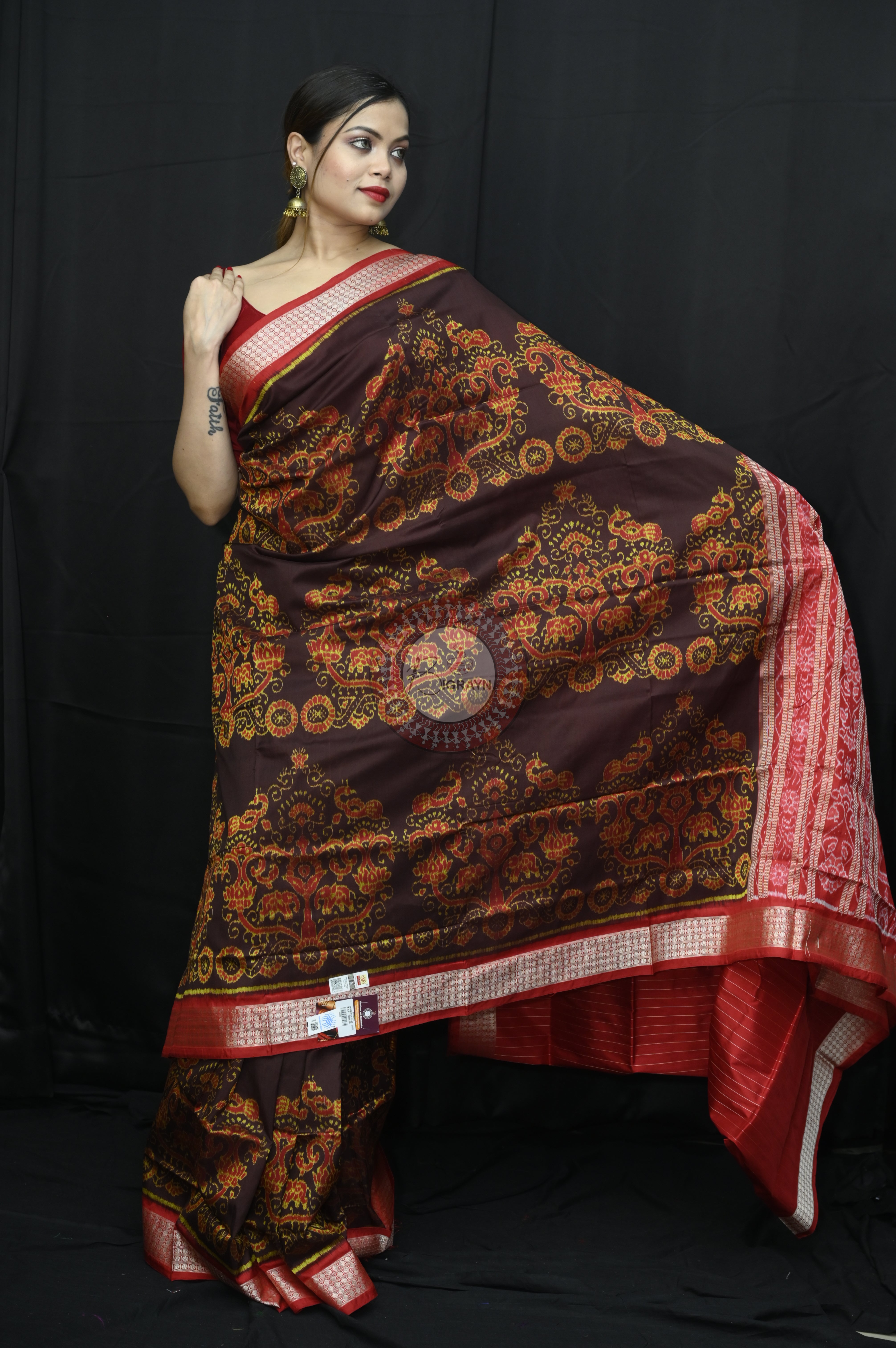 Coffee Red Jhoti Design Sambalpuri Silk Saree