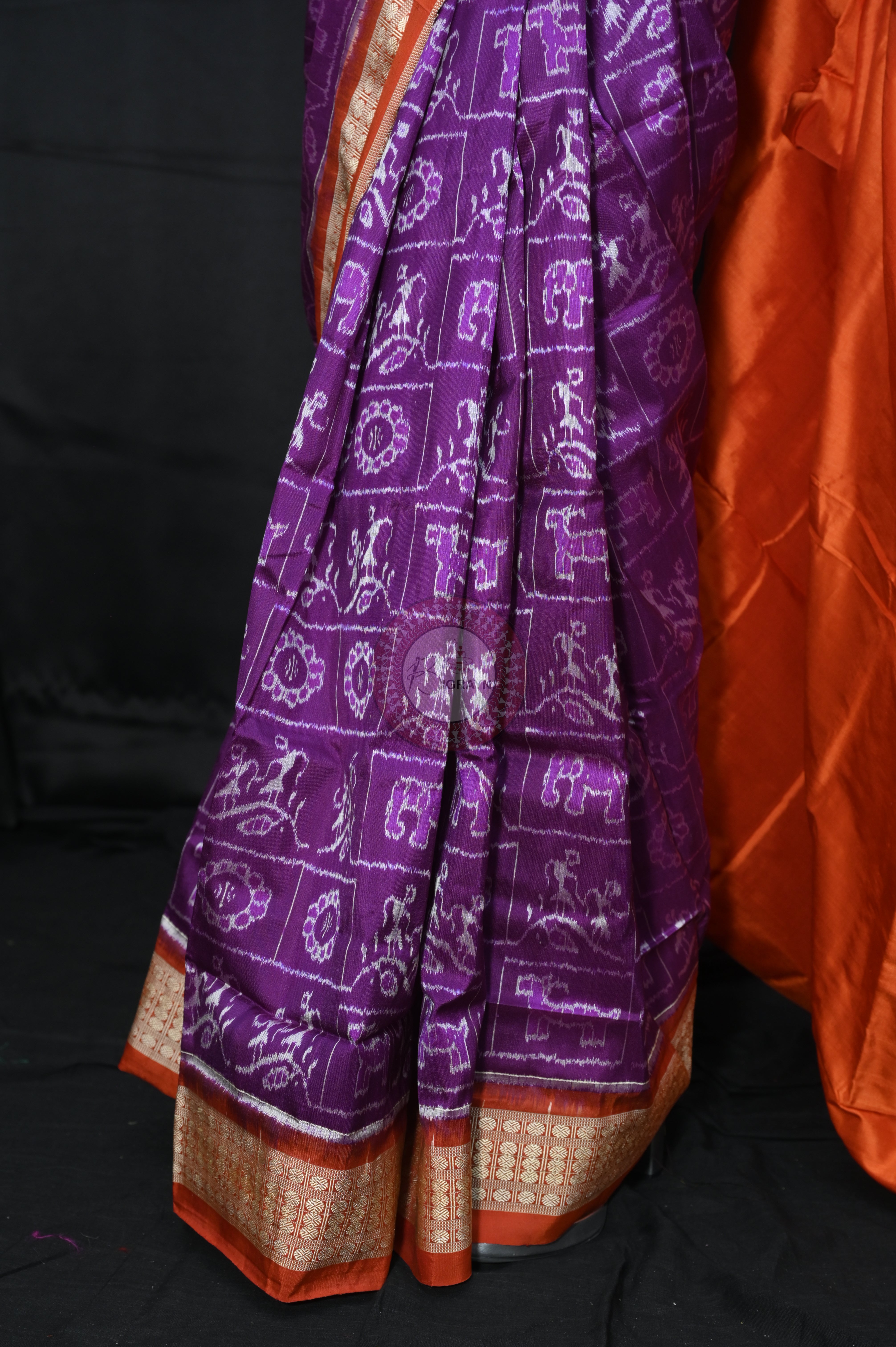 Purple Red Tribal And Animal Sambalpuri Silk Sare