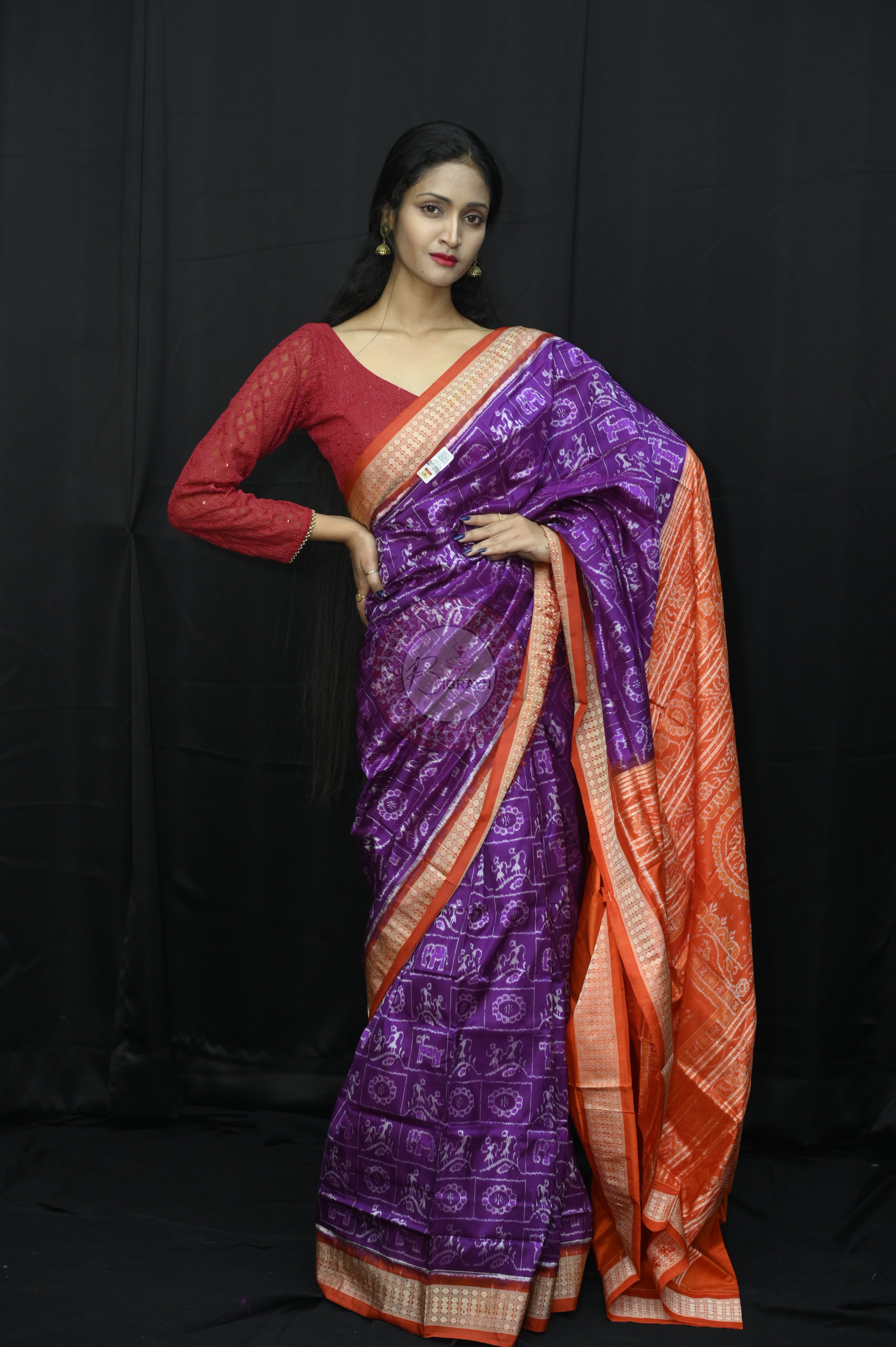 Purple Red Tribal And Animal Sambalpuri Silk Sare