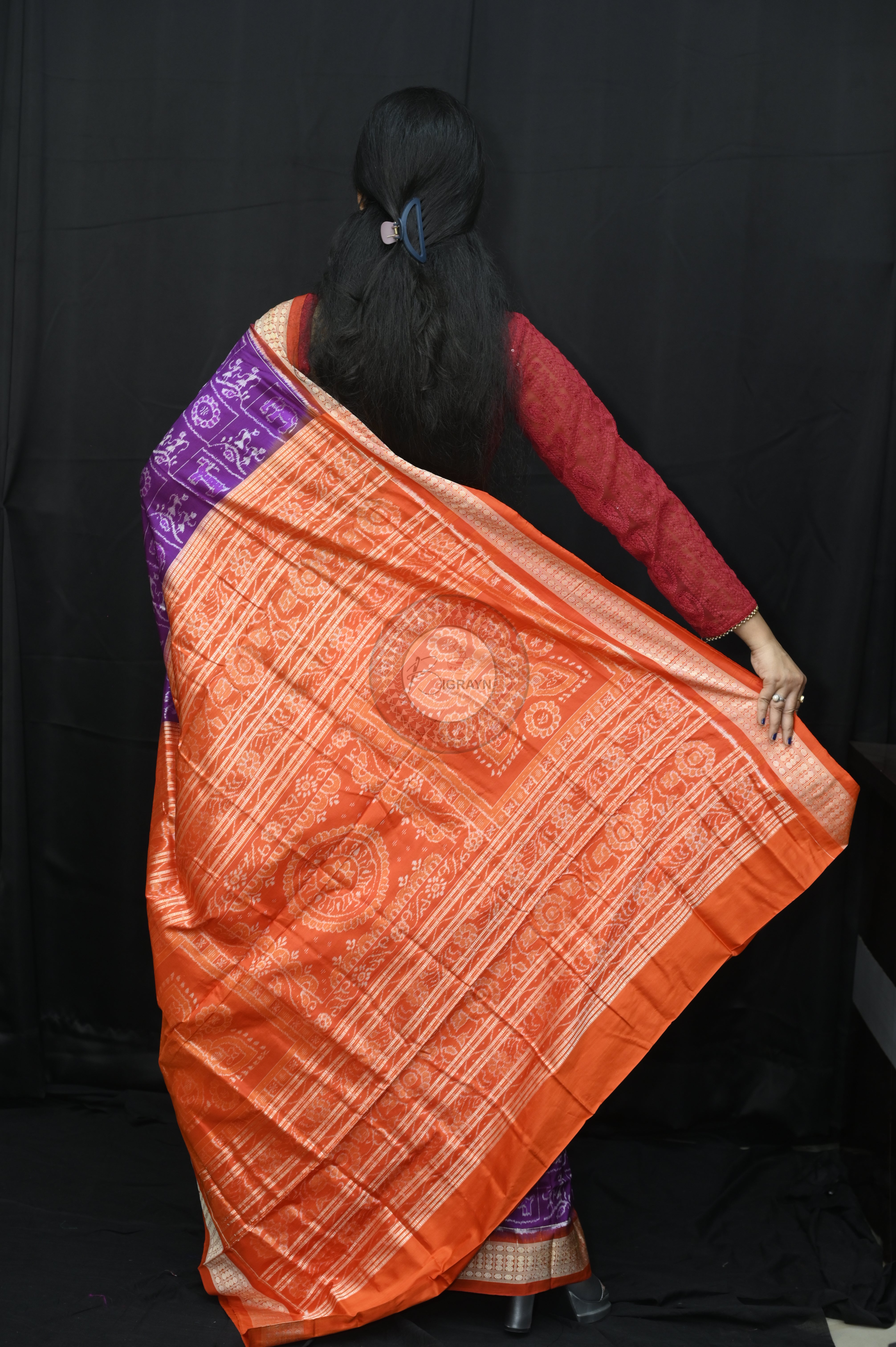 Purple Red Tribal And Animal Sambalpuri Silk Sare