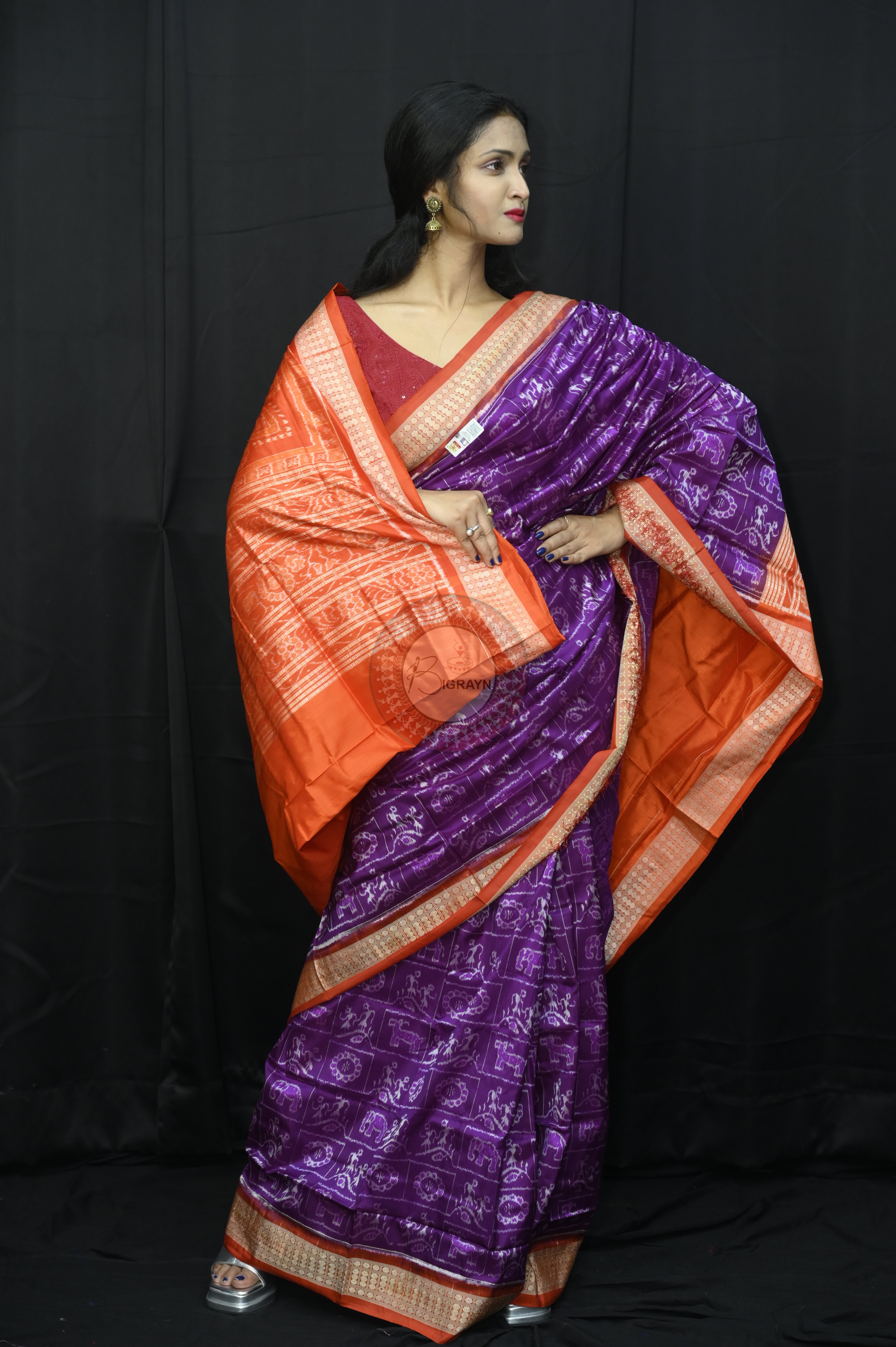Purple Red Tribal And Animal Sambalpuri Silk Sare