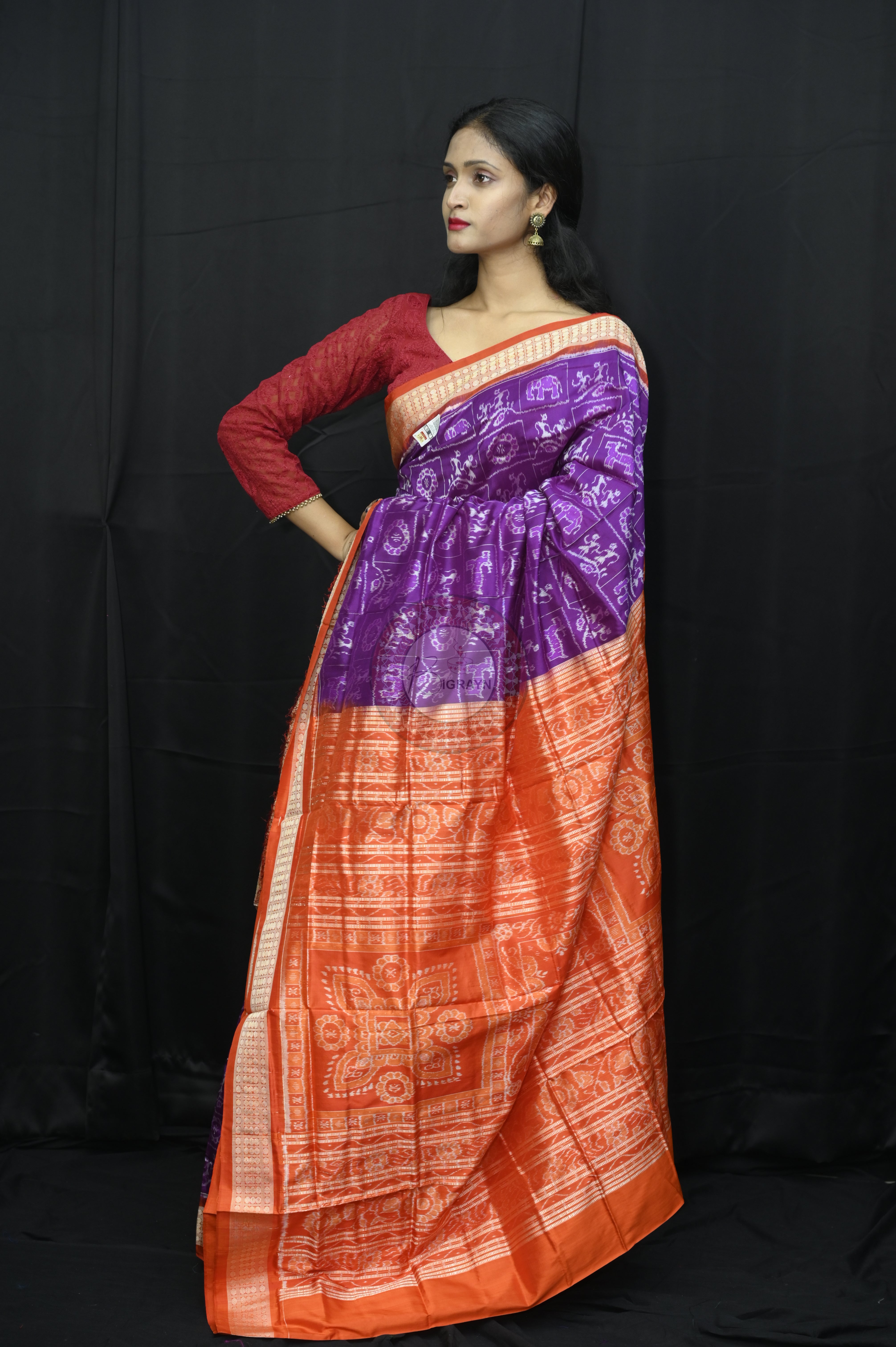 Purple Red Tribal And Animal Sambalpuri Silk Sare