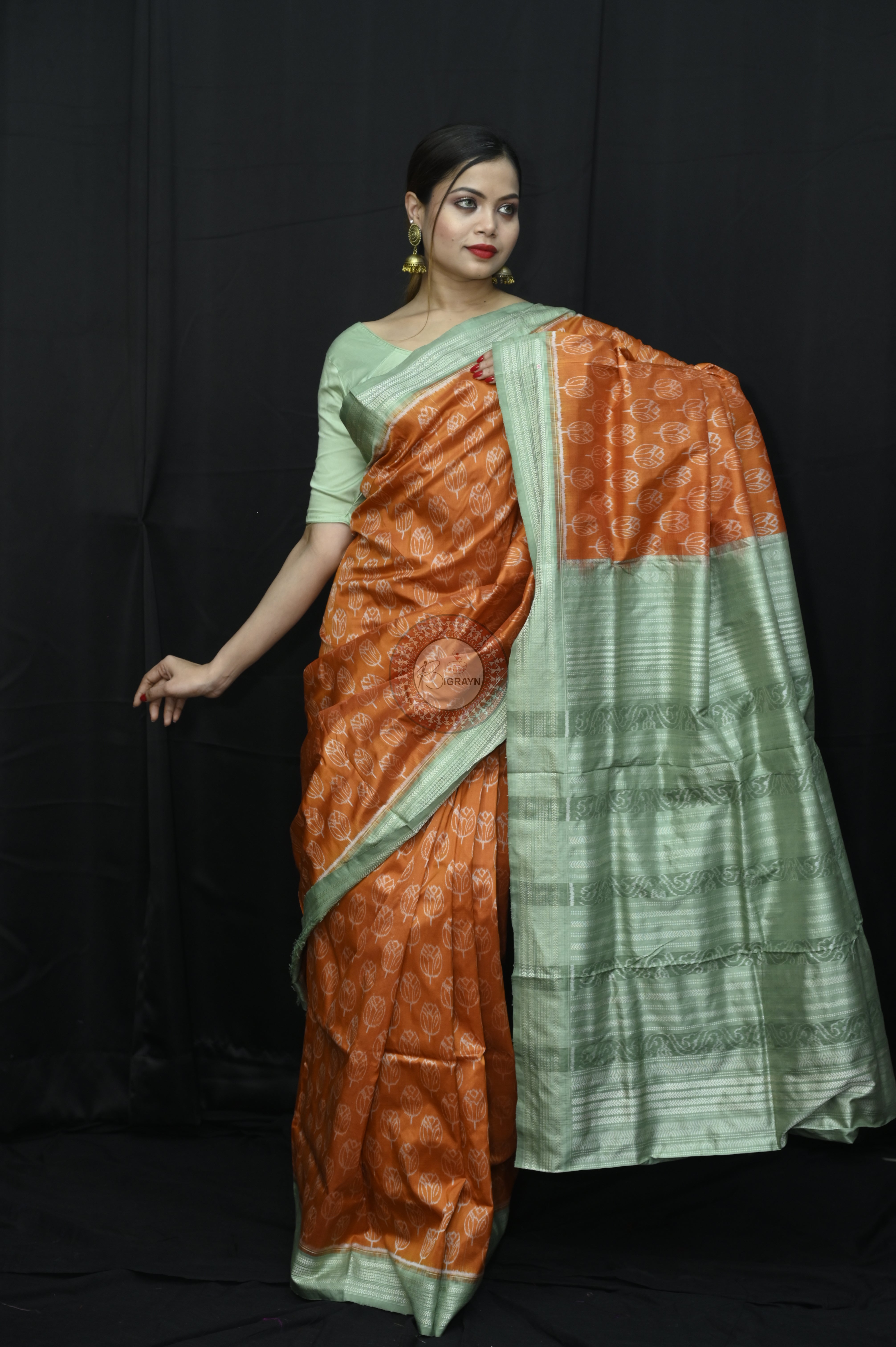 Orange Green Tulips Natural Dye Sambalpuri Silk Saree