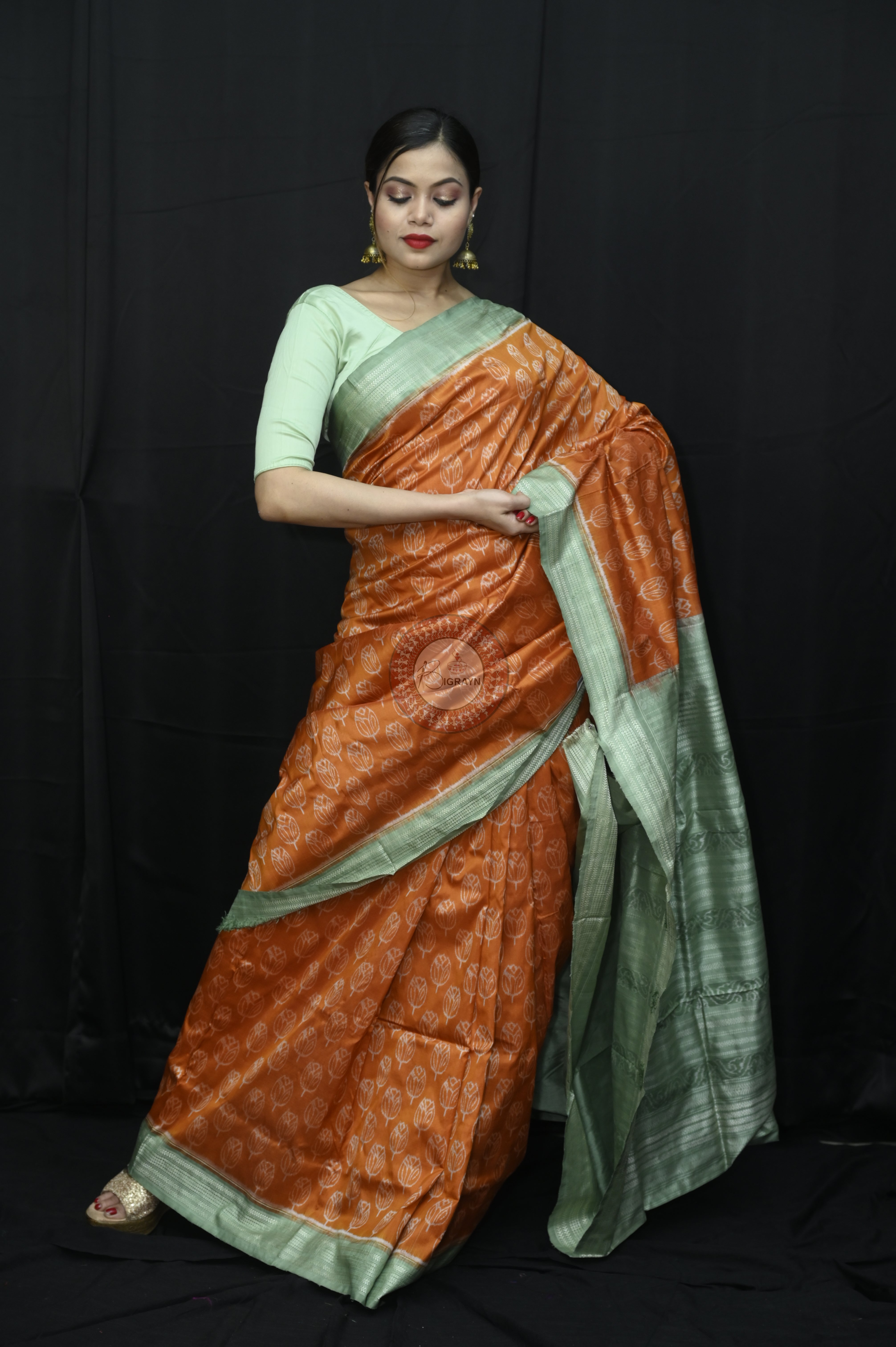 Orange Green Tulips Natural Dye Sambalpuri Silk Saree