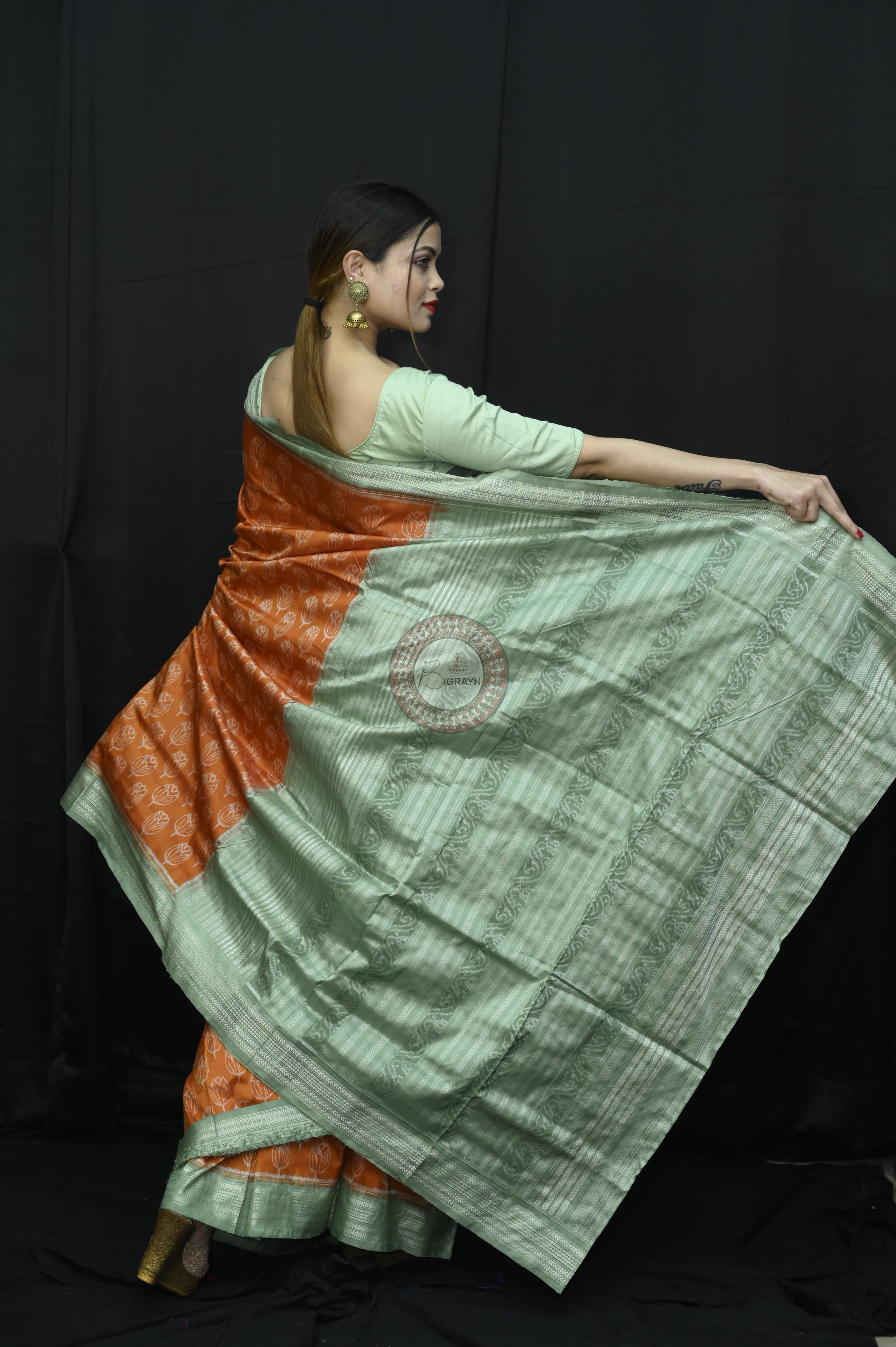 Orange Green Tulips Natural Dye Sambalpuri Silk Saree