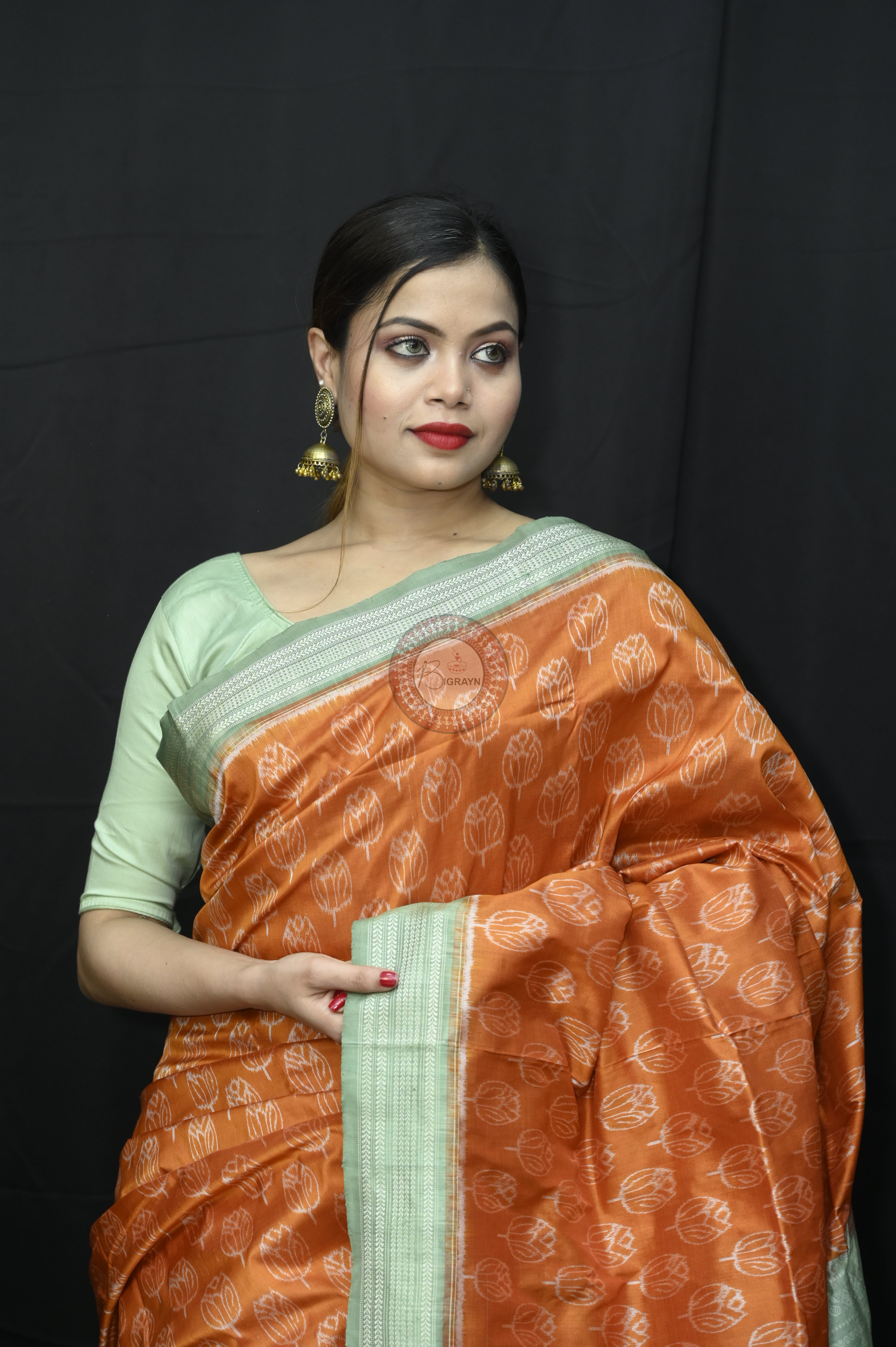 Orange Green Tulips Natural Dye Sambalpuri Silk Saree
