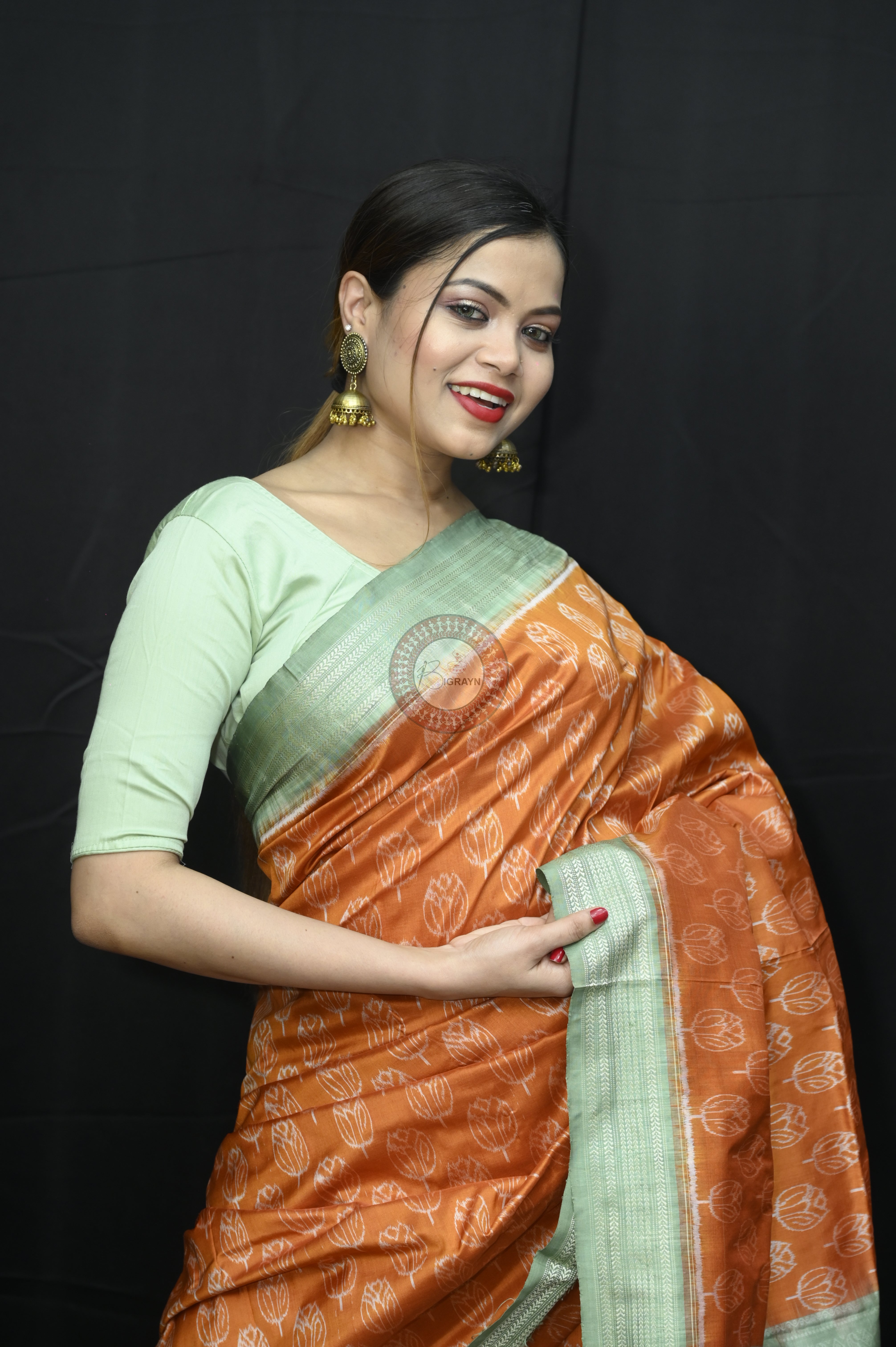 Orange Green Tulips Natural Dye Sambalpuri Silk Saree