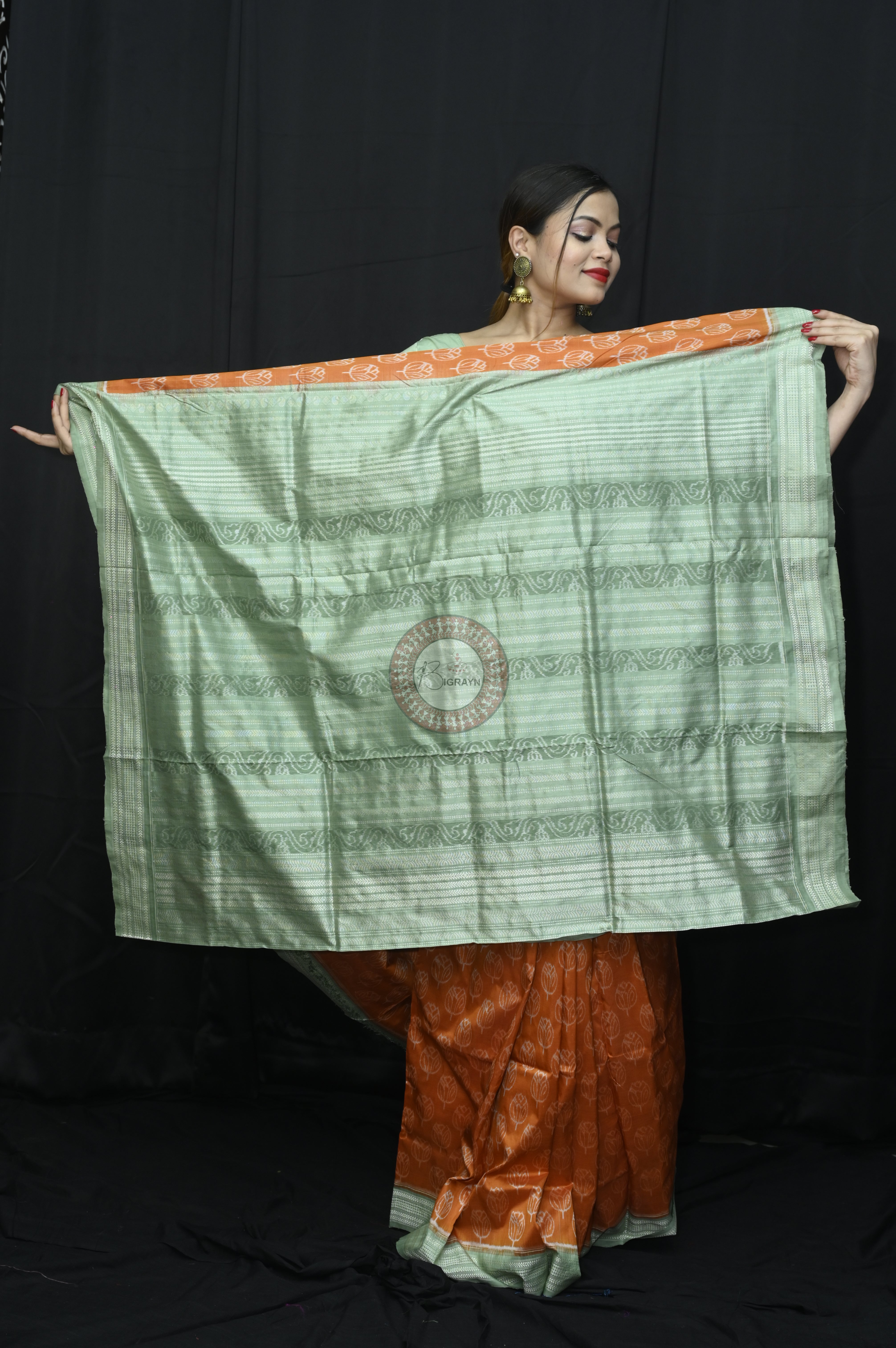 Orange Green Tulips Natural Dye Sambalpuri Silk Saree
