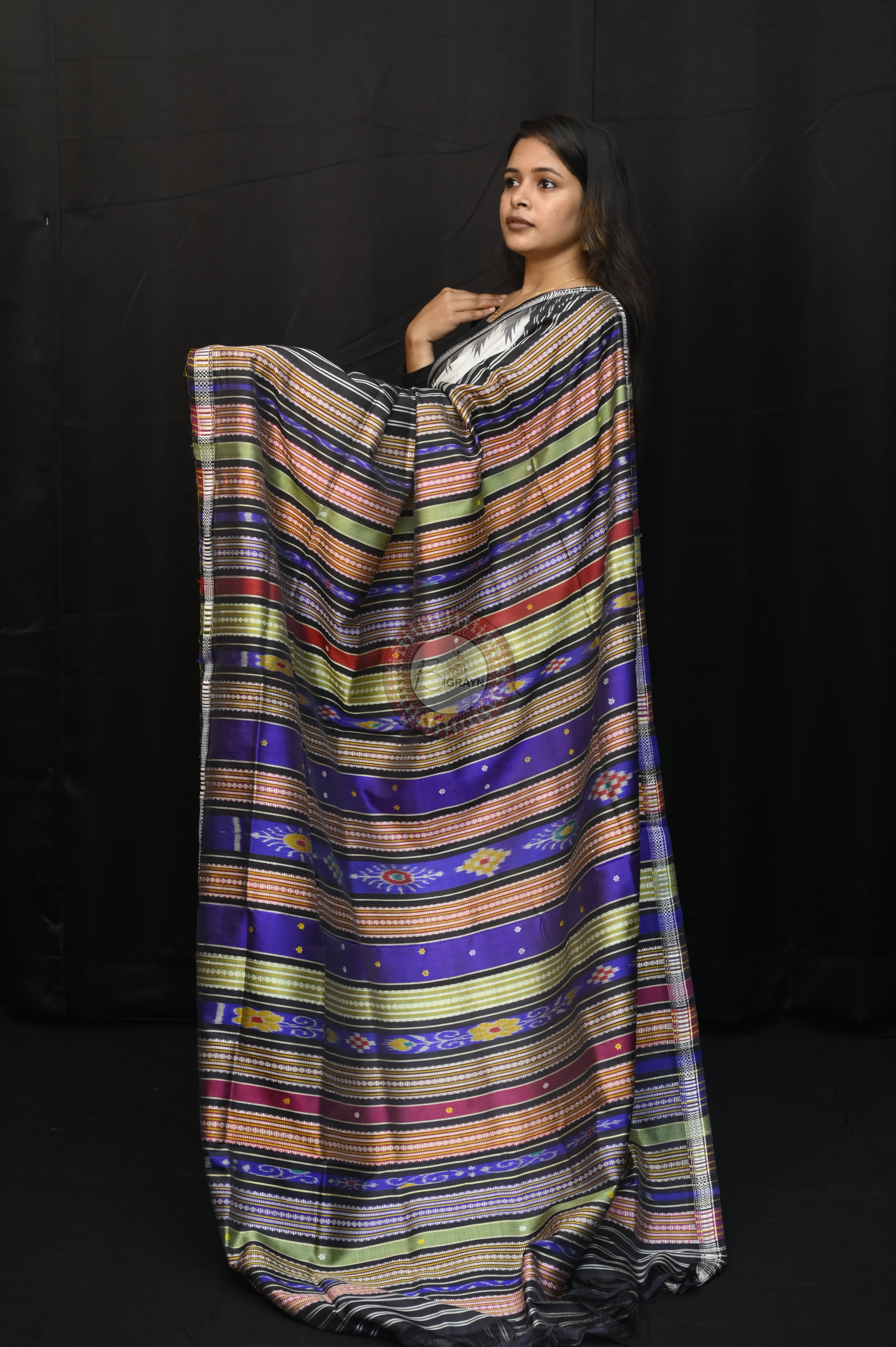 White Black Double Animal Anchal Berhampuri Silk Saree
