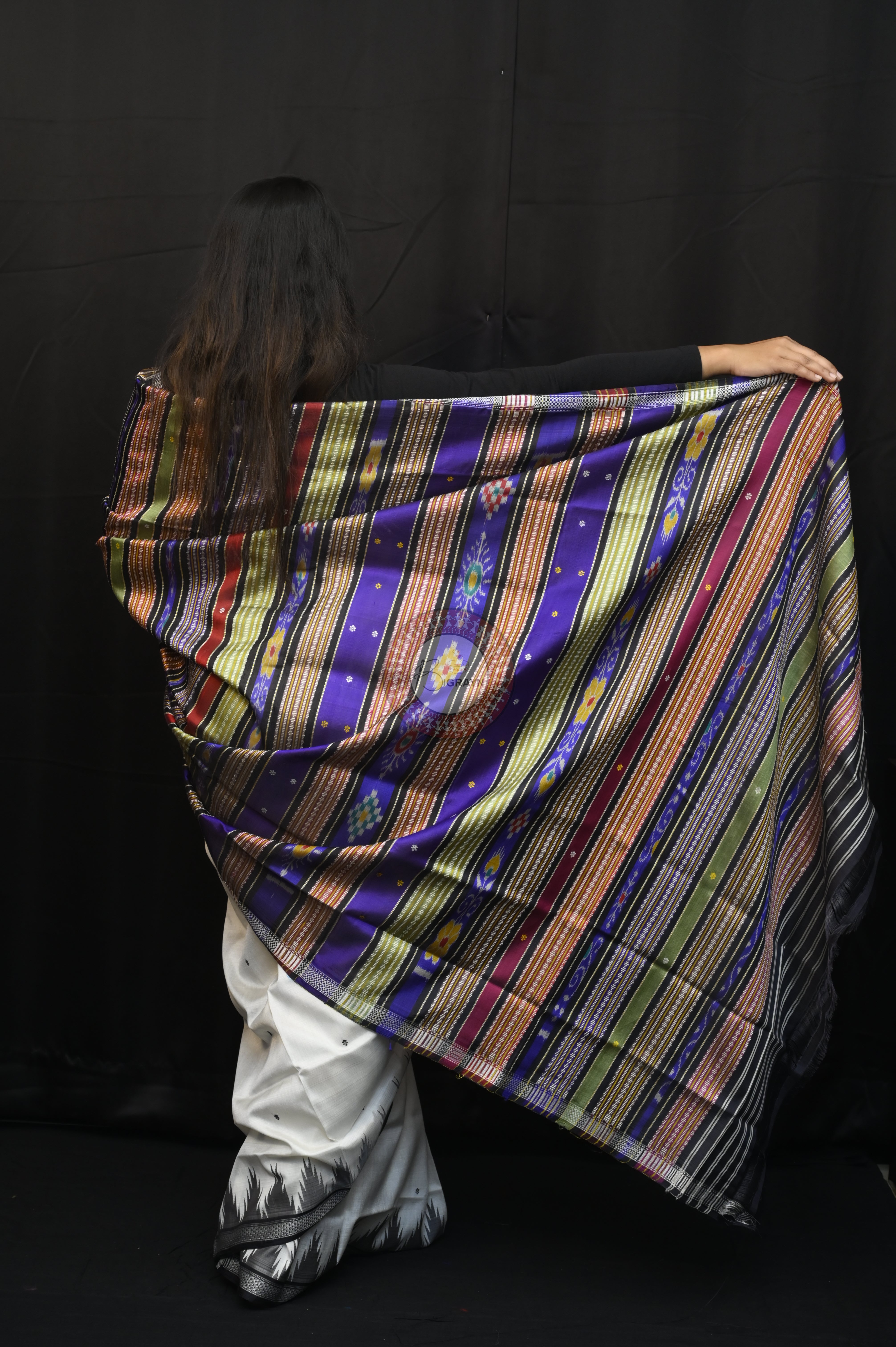 White Black Double Animal Anchal Berhampuri Silk Saree