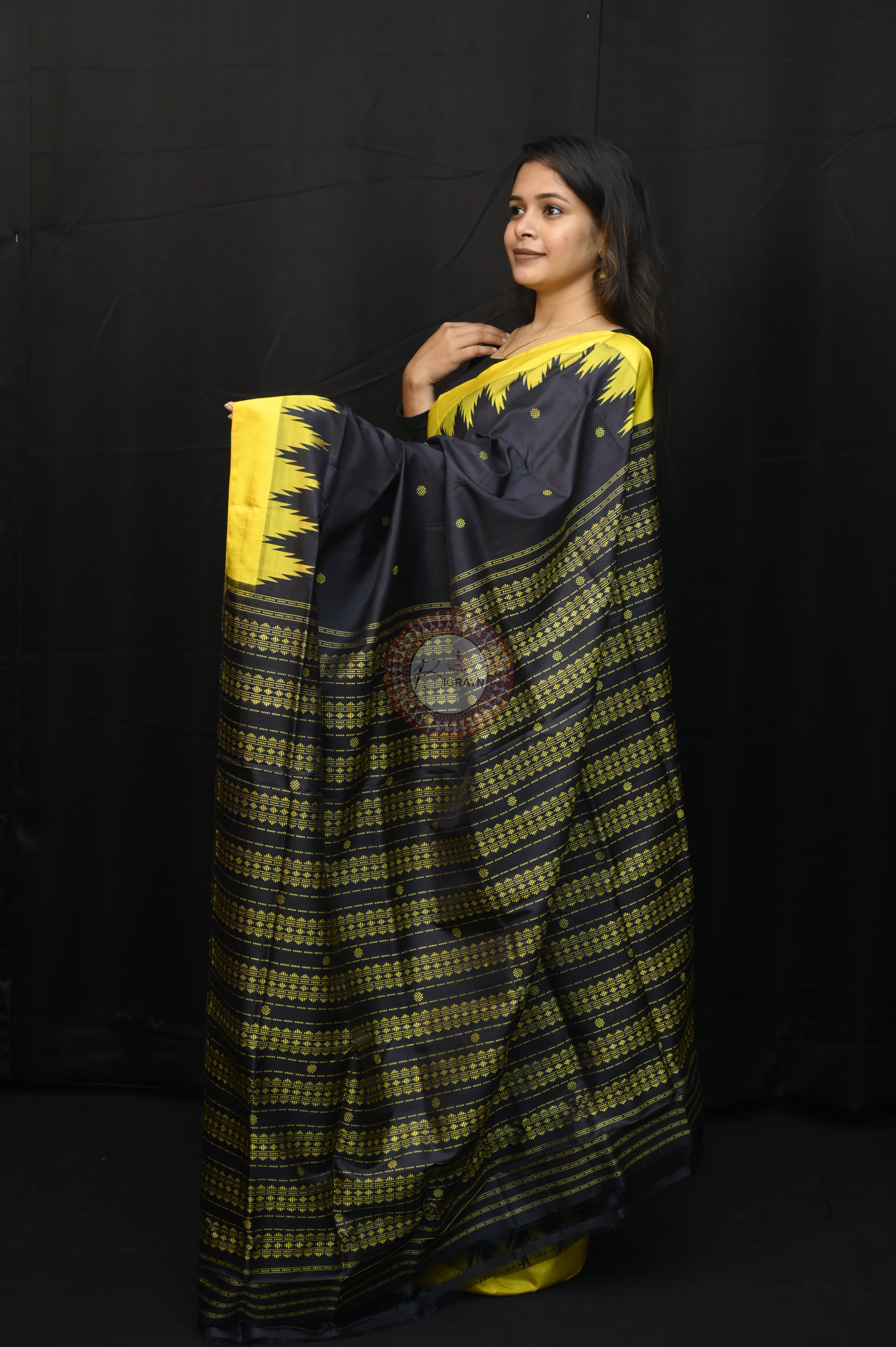 Black Yellow Double Anchal Berhampuri Silk Saree