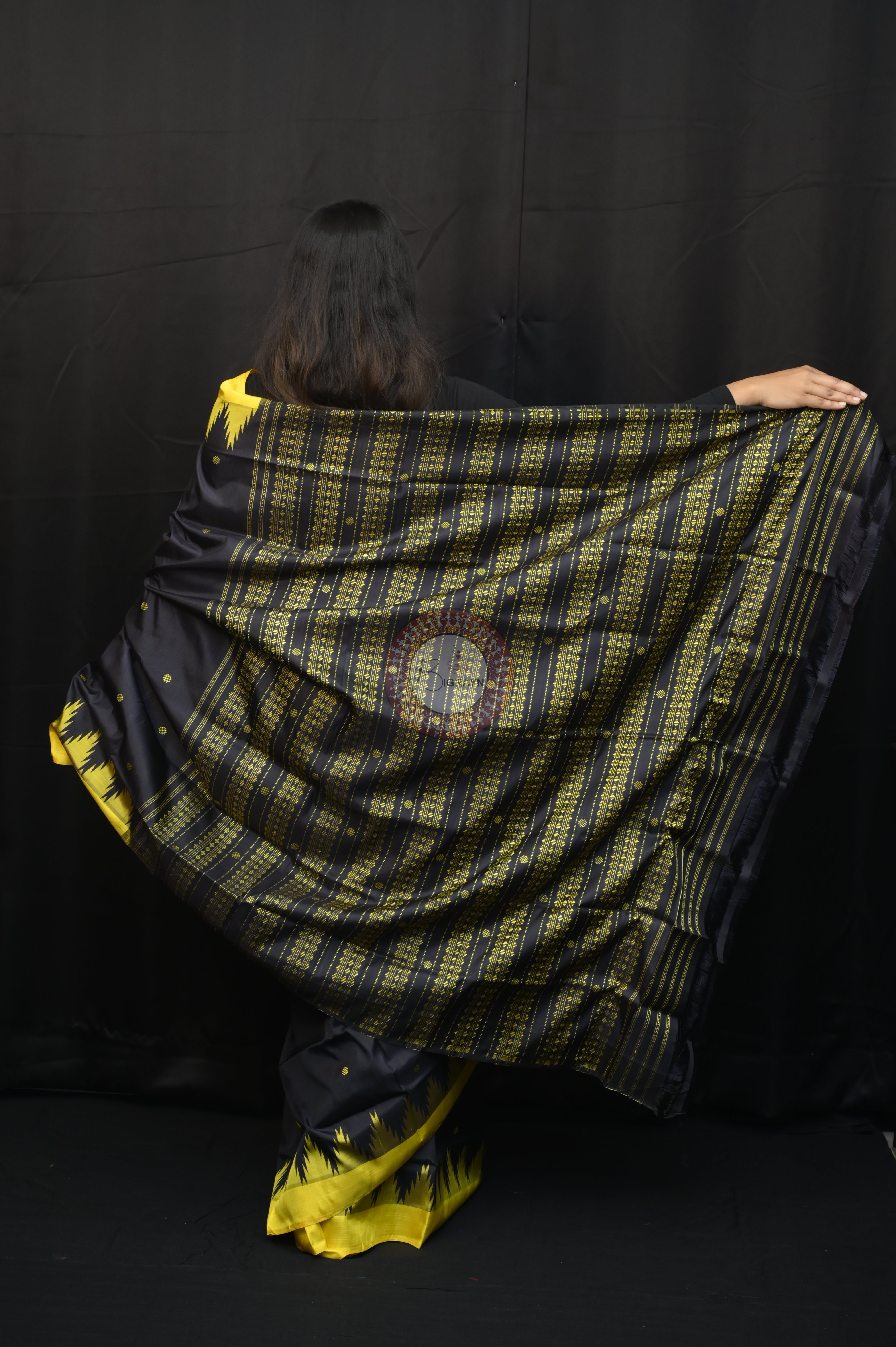 Black Yellow Double Anchal Berhampuri Silk Saree