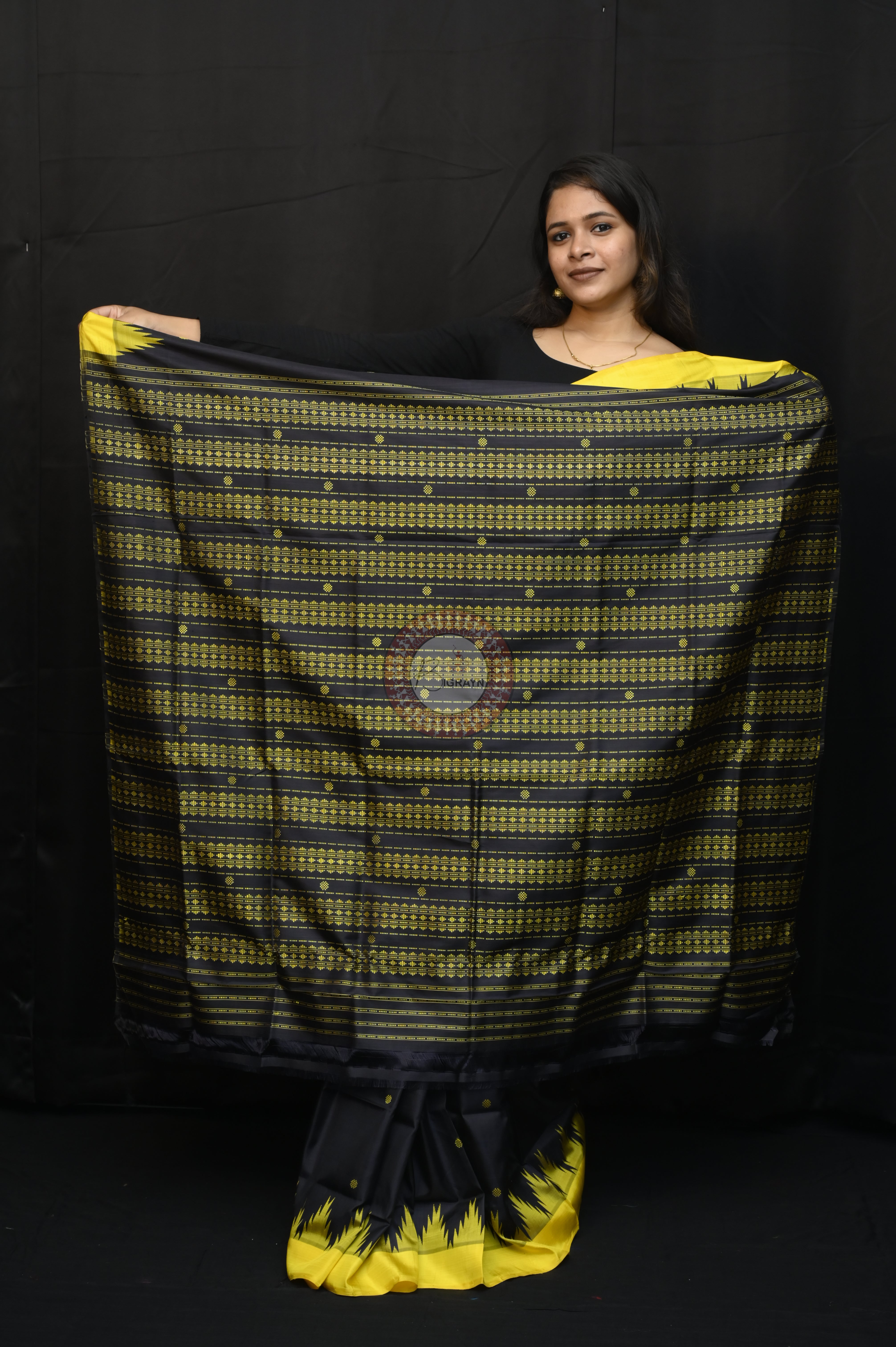 Black Yellow Double Anchal Berhampuri Silk Saree