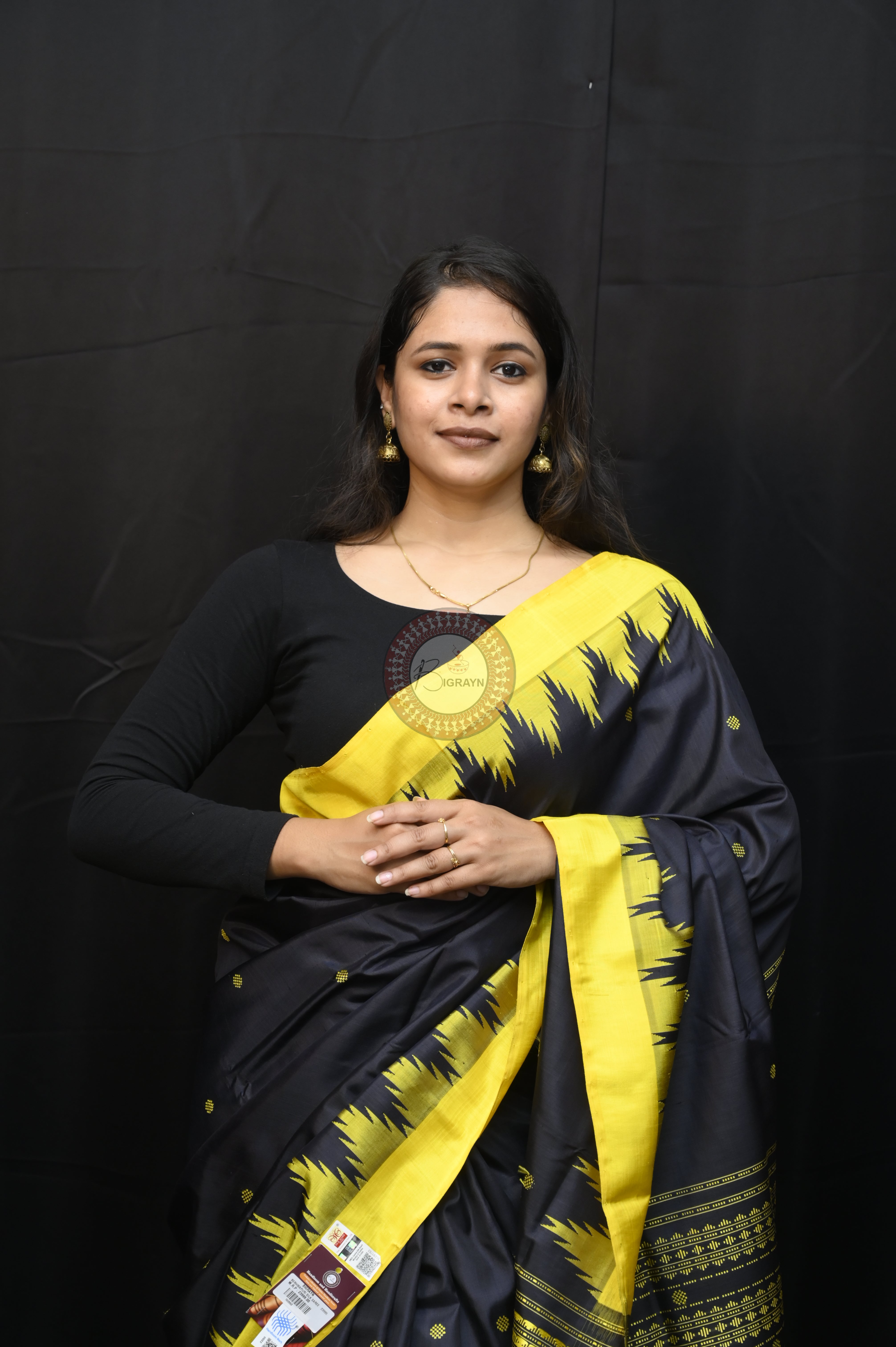 Black Yellow Double Anchal Berhampuri Silk Saree