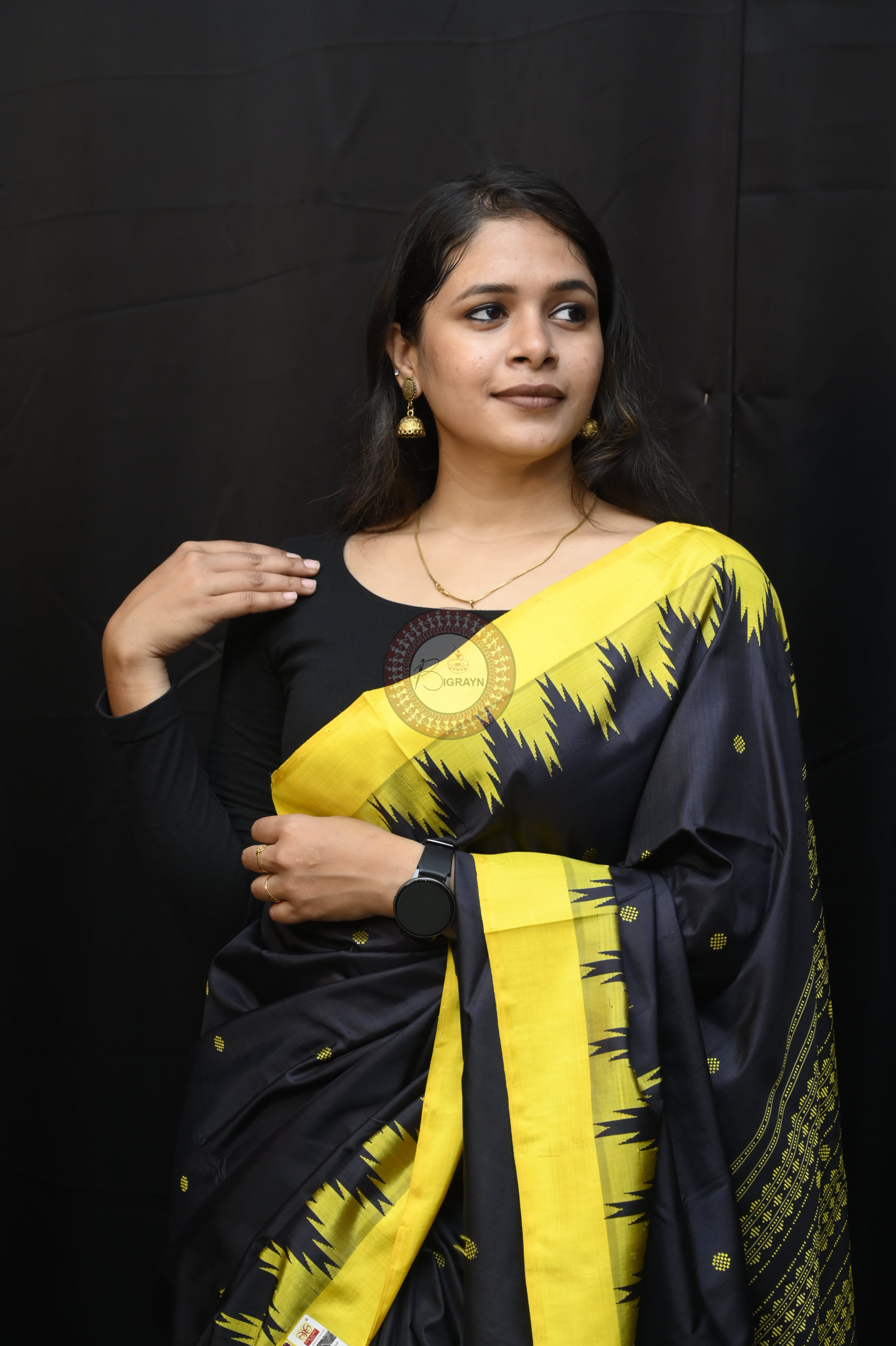 Black Yellow Double Anchal Berhampuri Silk Saree