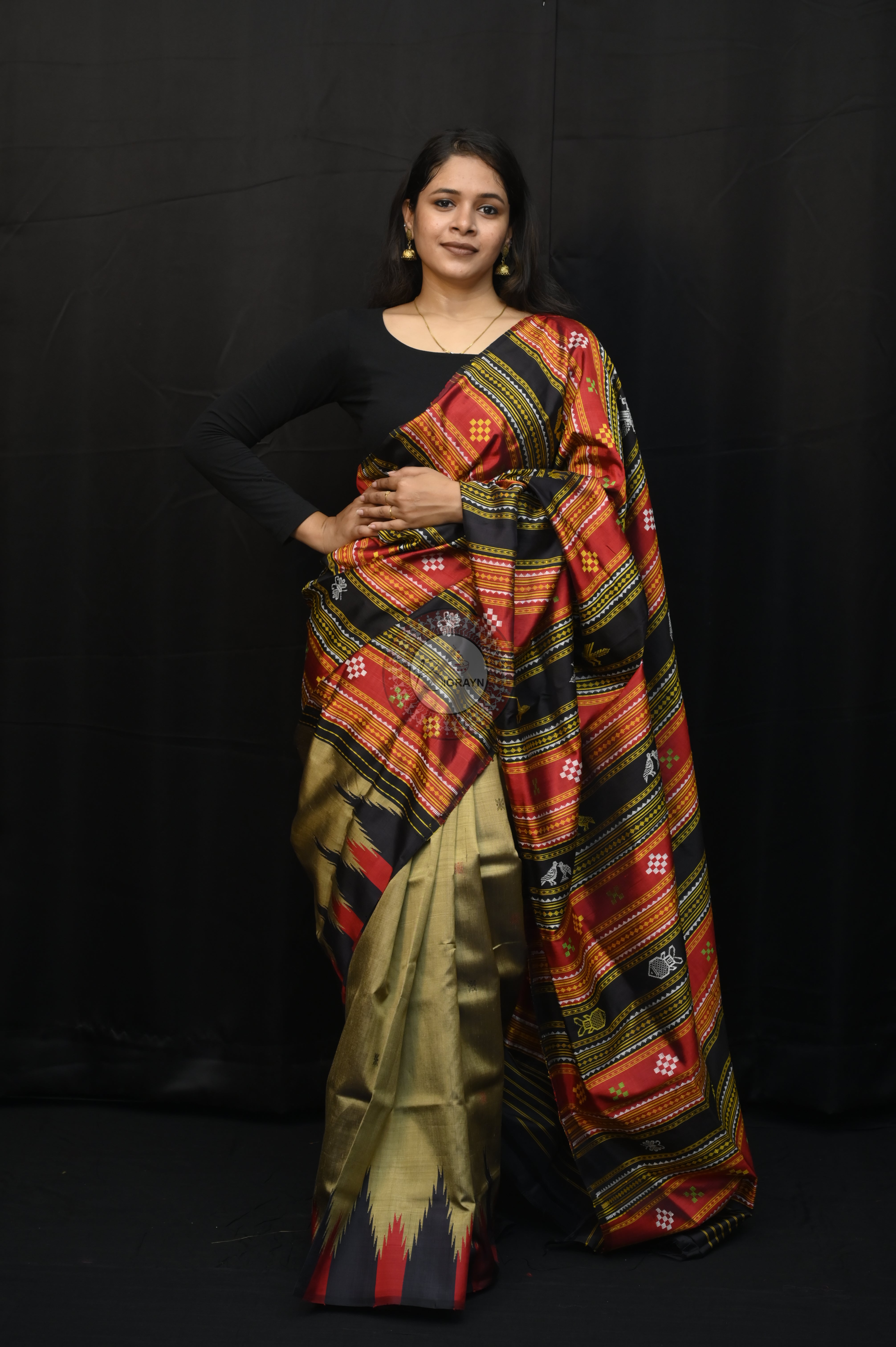 Golden Multicolour Border Double Anchal Berhampuri Silk Saree
