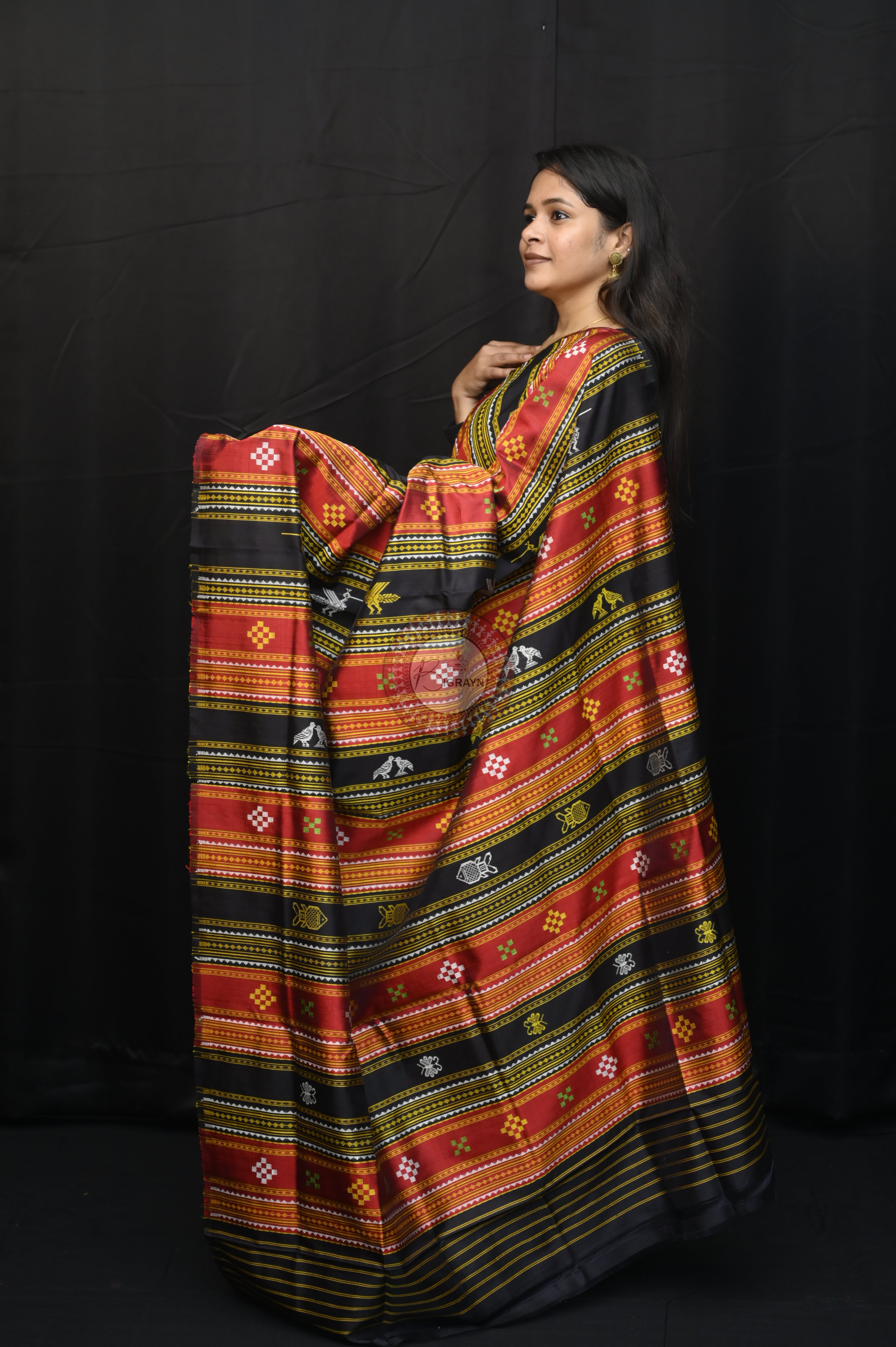 Golden Multicolour Border Double Anchal Berhampuri Silk Saree