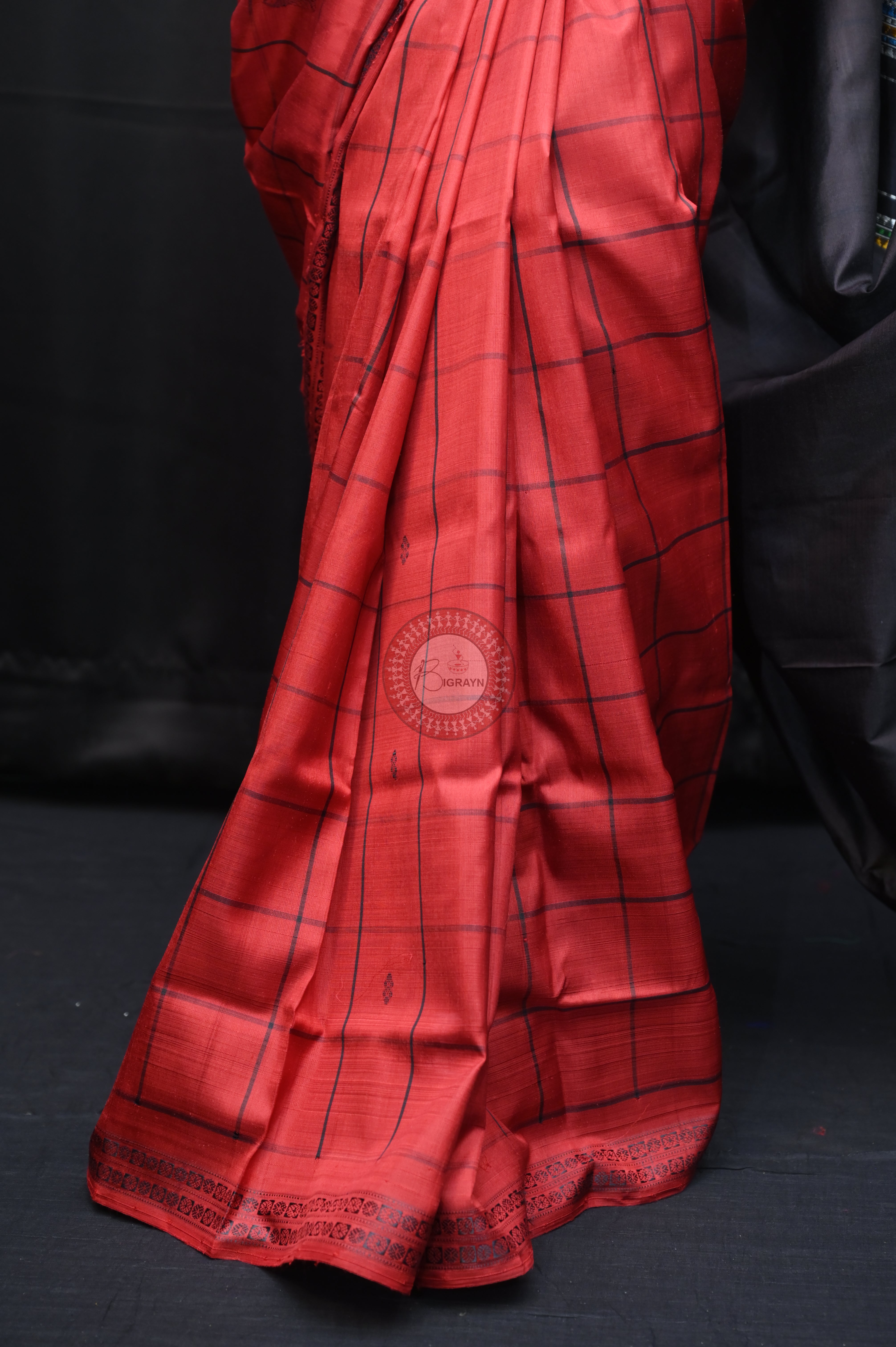 Red Black Checks Animal Double Anchal Berhampuri Silk Saree