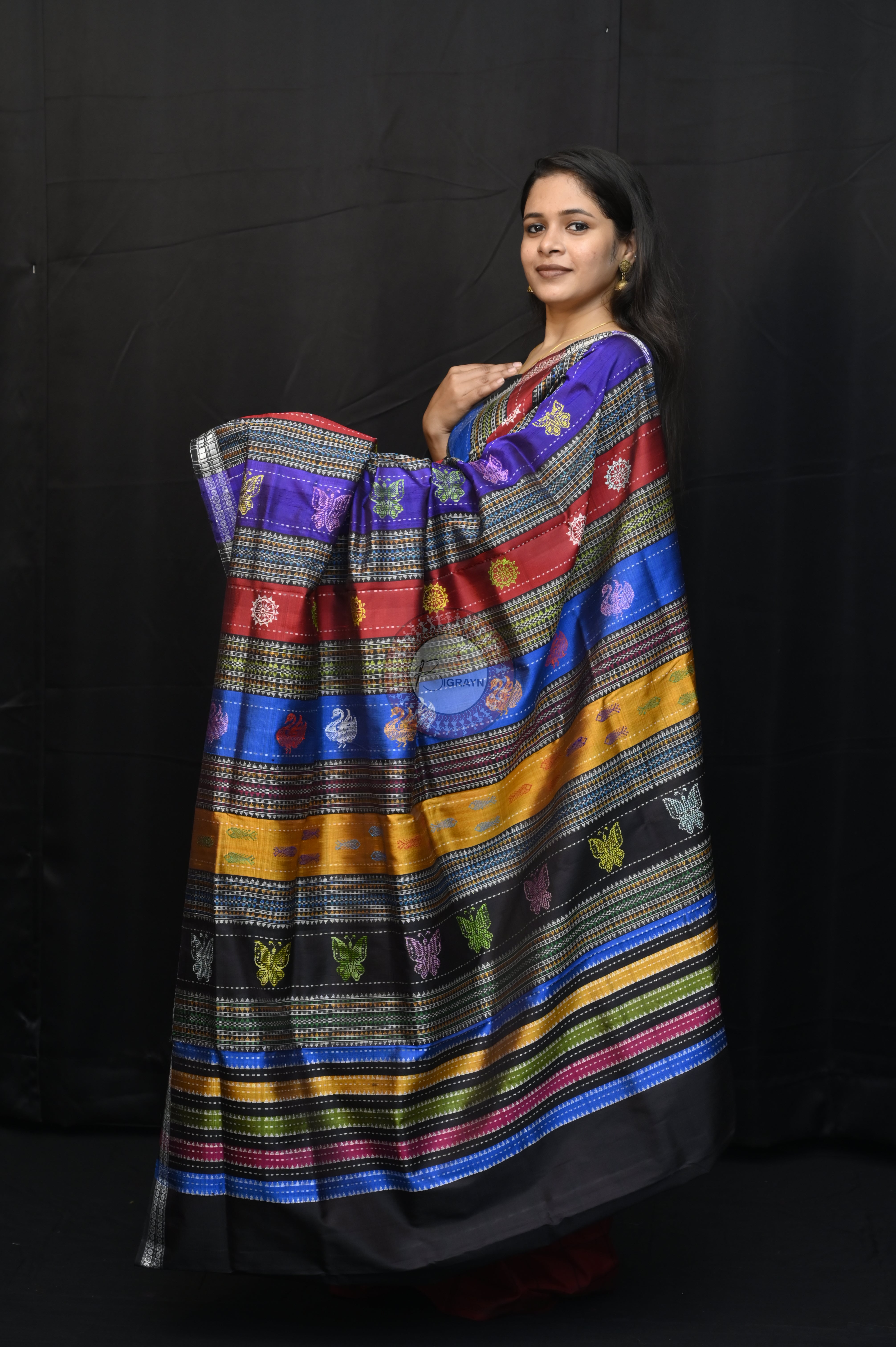 Red Black Checks Animal Double Anchal Berhampuri Silk Saree