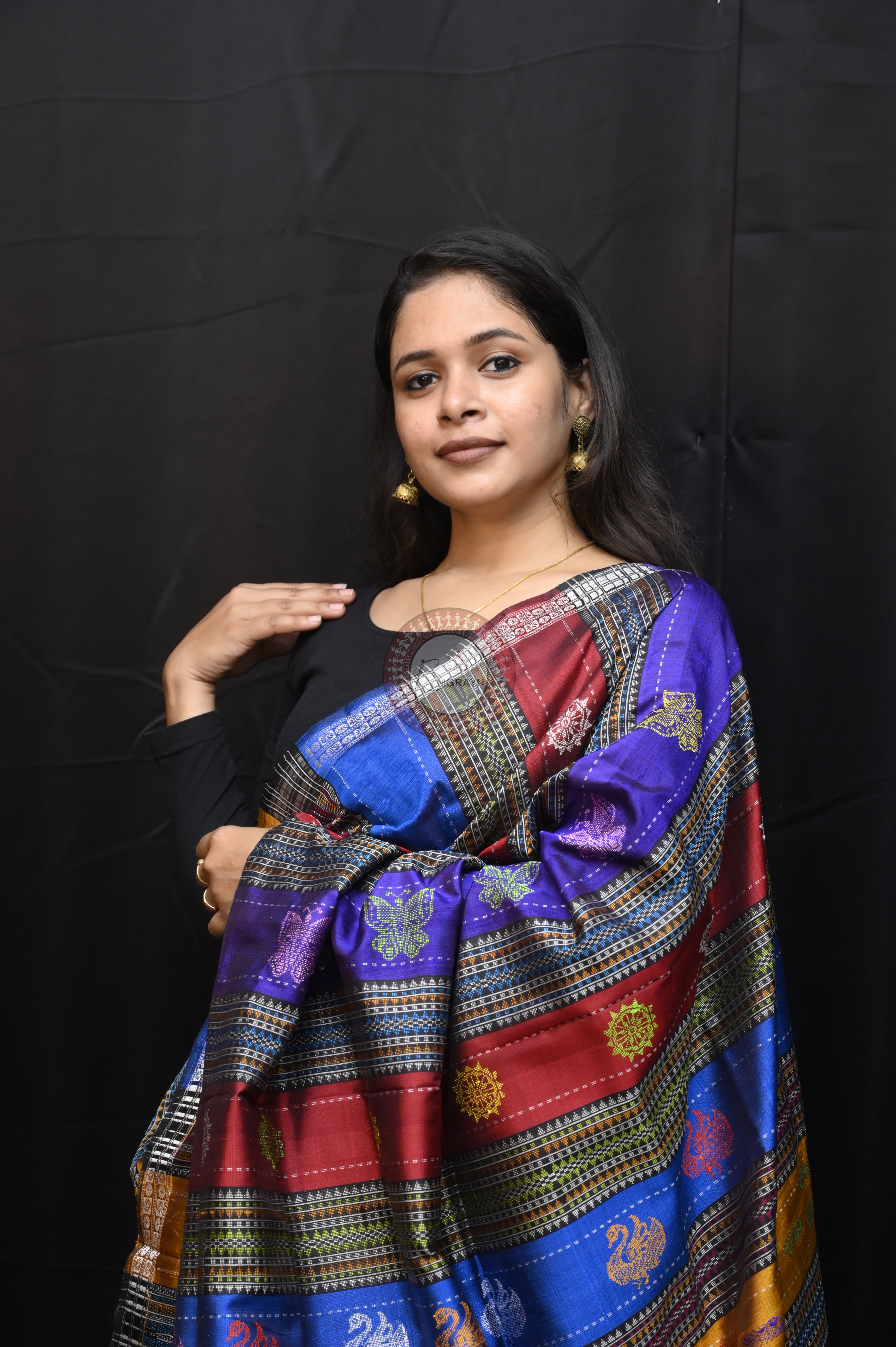 Red Black Checks Animal Double Anchal Berhampuri Silk Saree