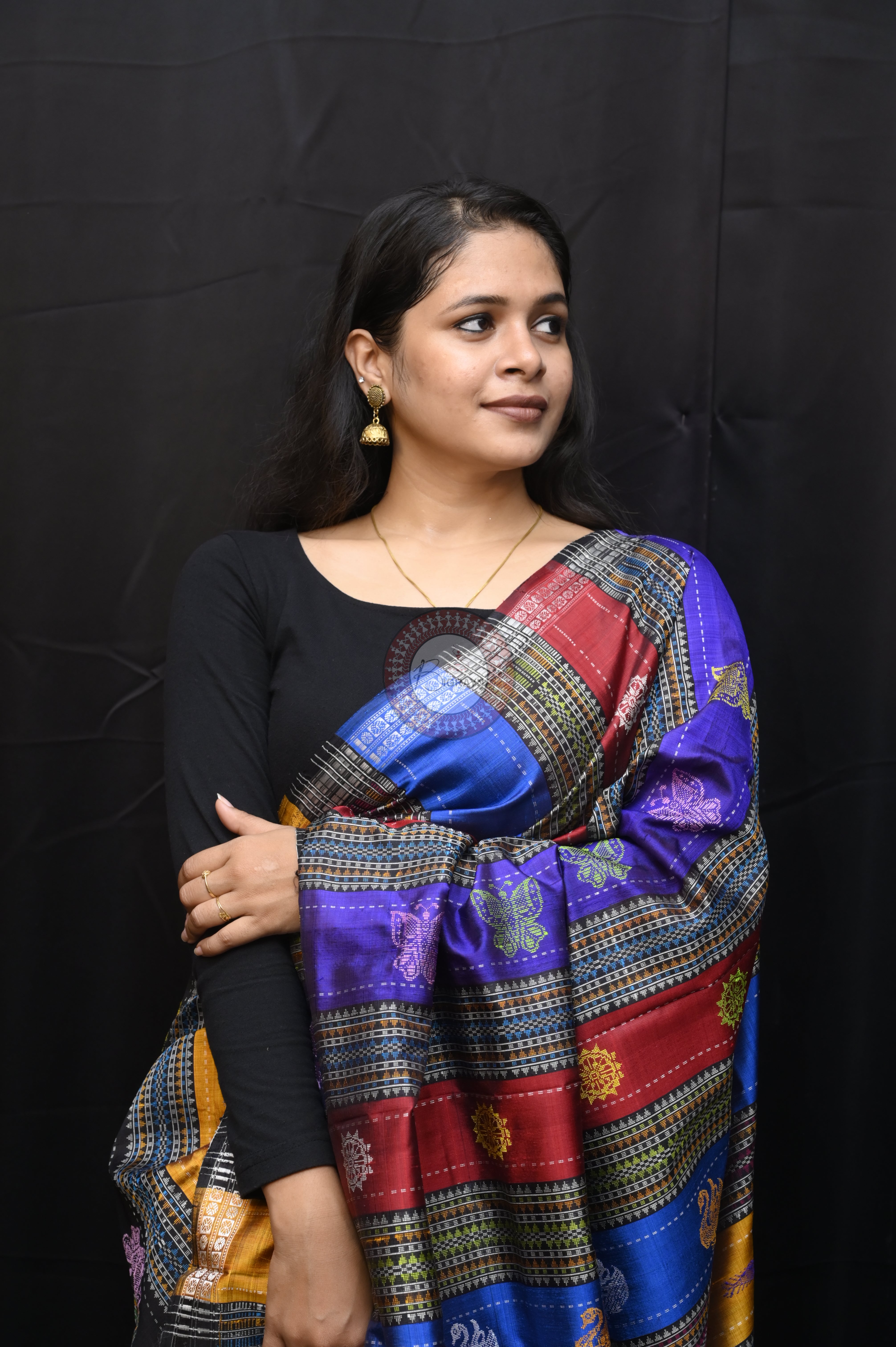 Red Black Checks Animal Double Anchal Berhampuri Silk Saree