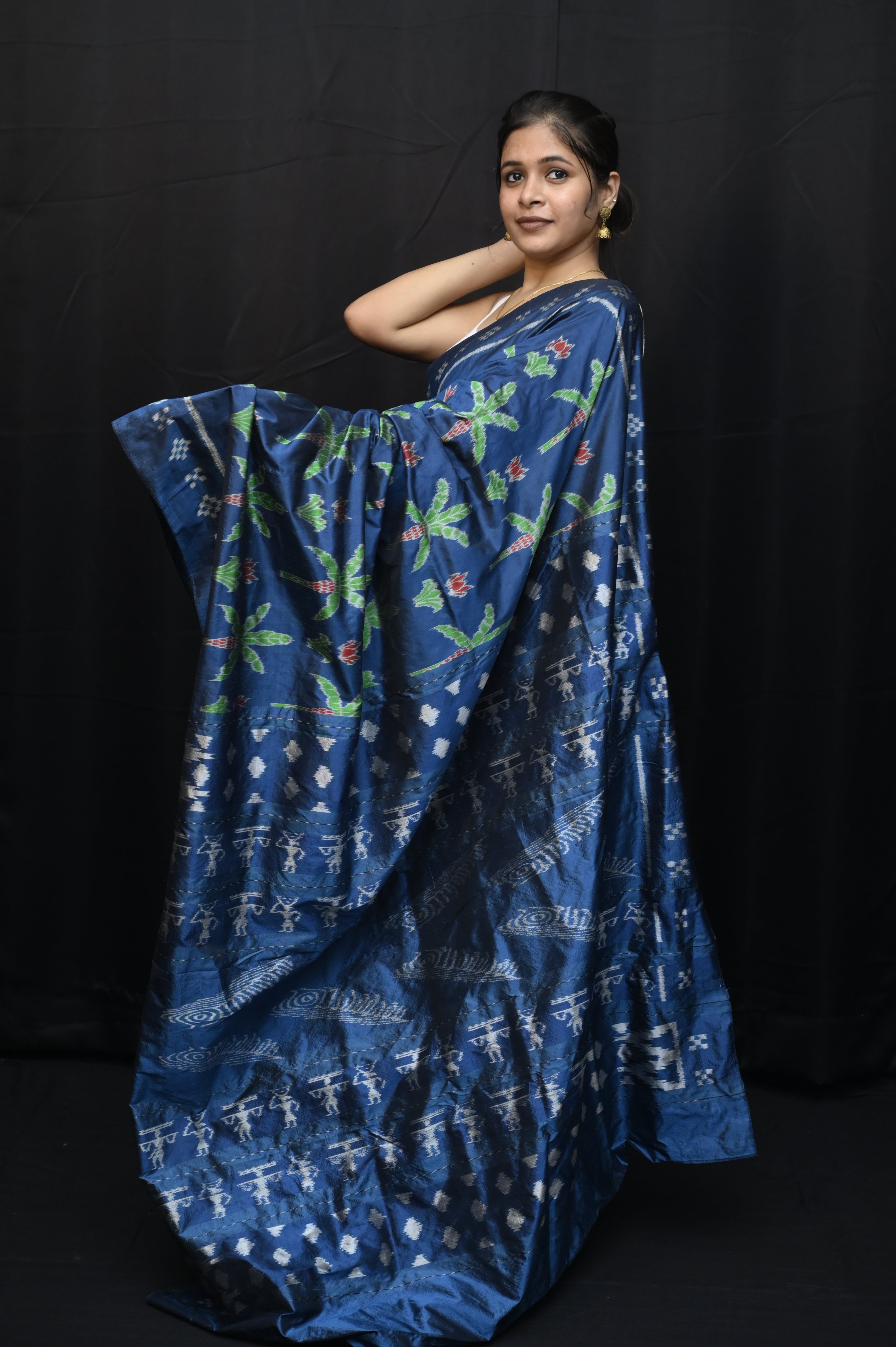 Indigo Blue Banana Tree Design Mulberry Silk Saree