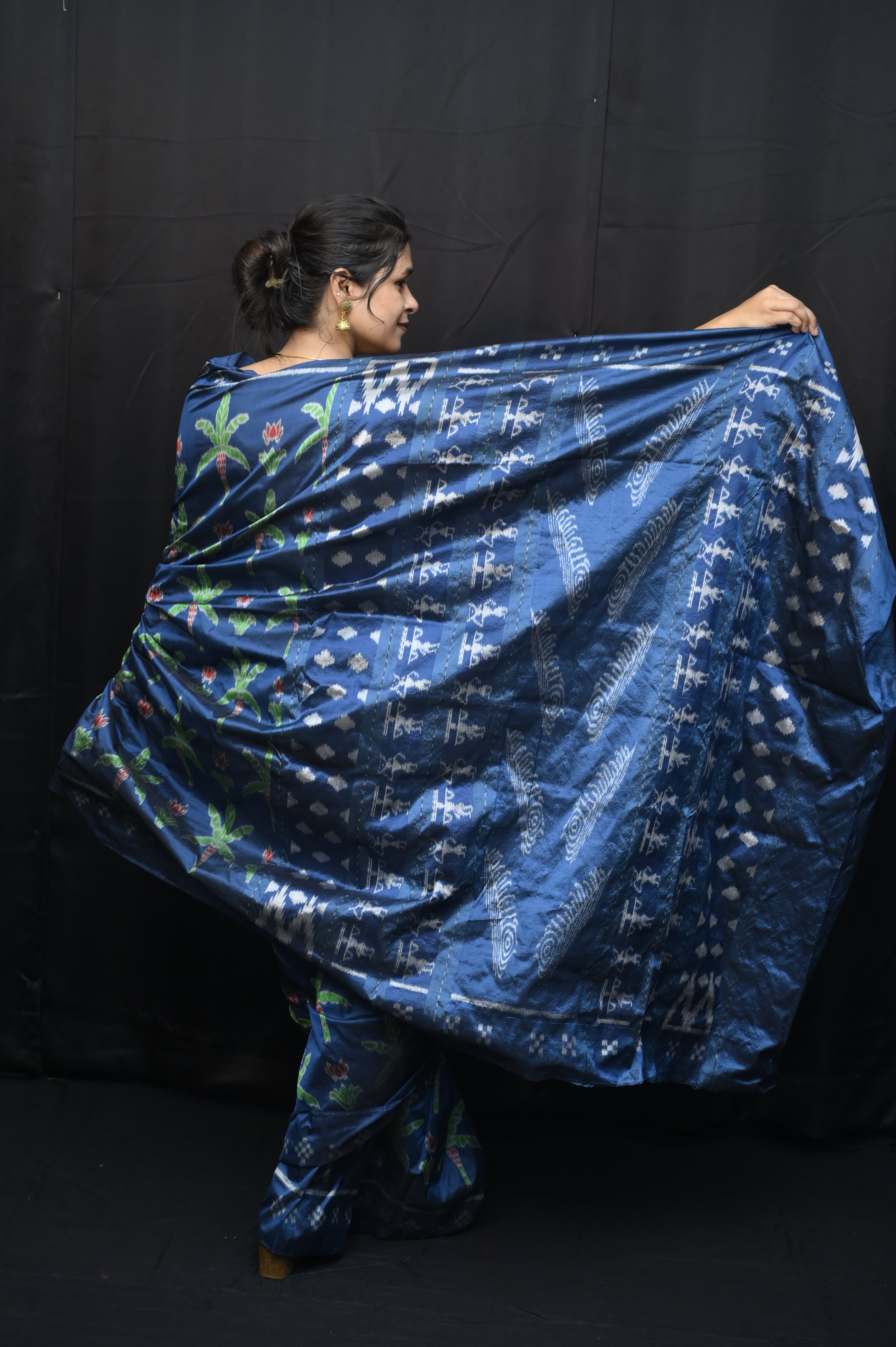 Indigo Blue Banana Tree Design Mulberry Silk Saree