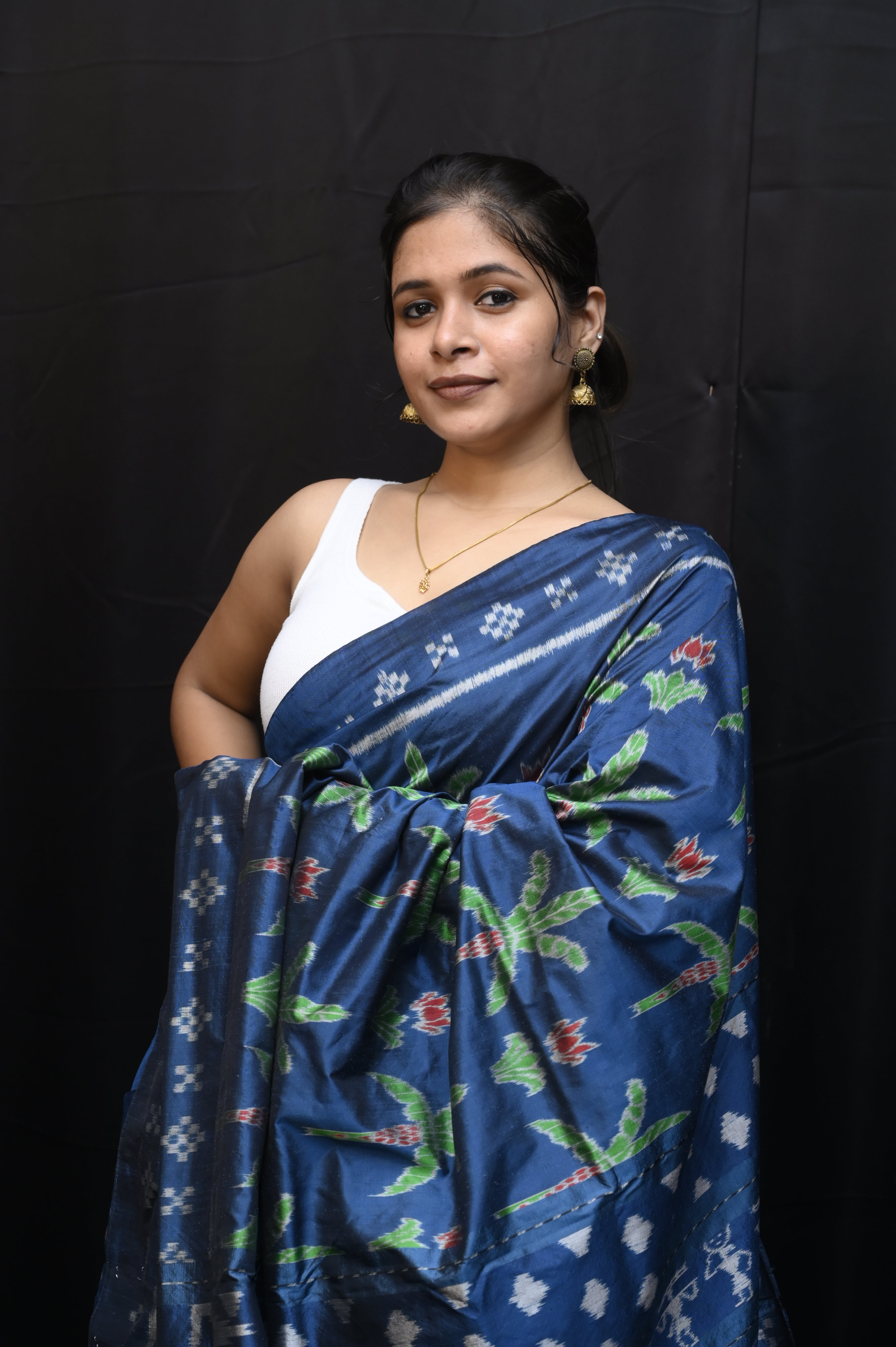 Indigo Blue Banana Tree Design Mulberry Silk Saree