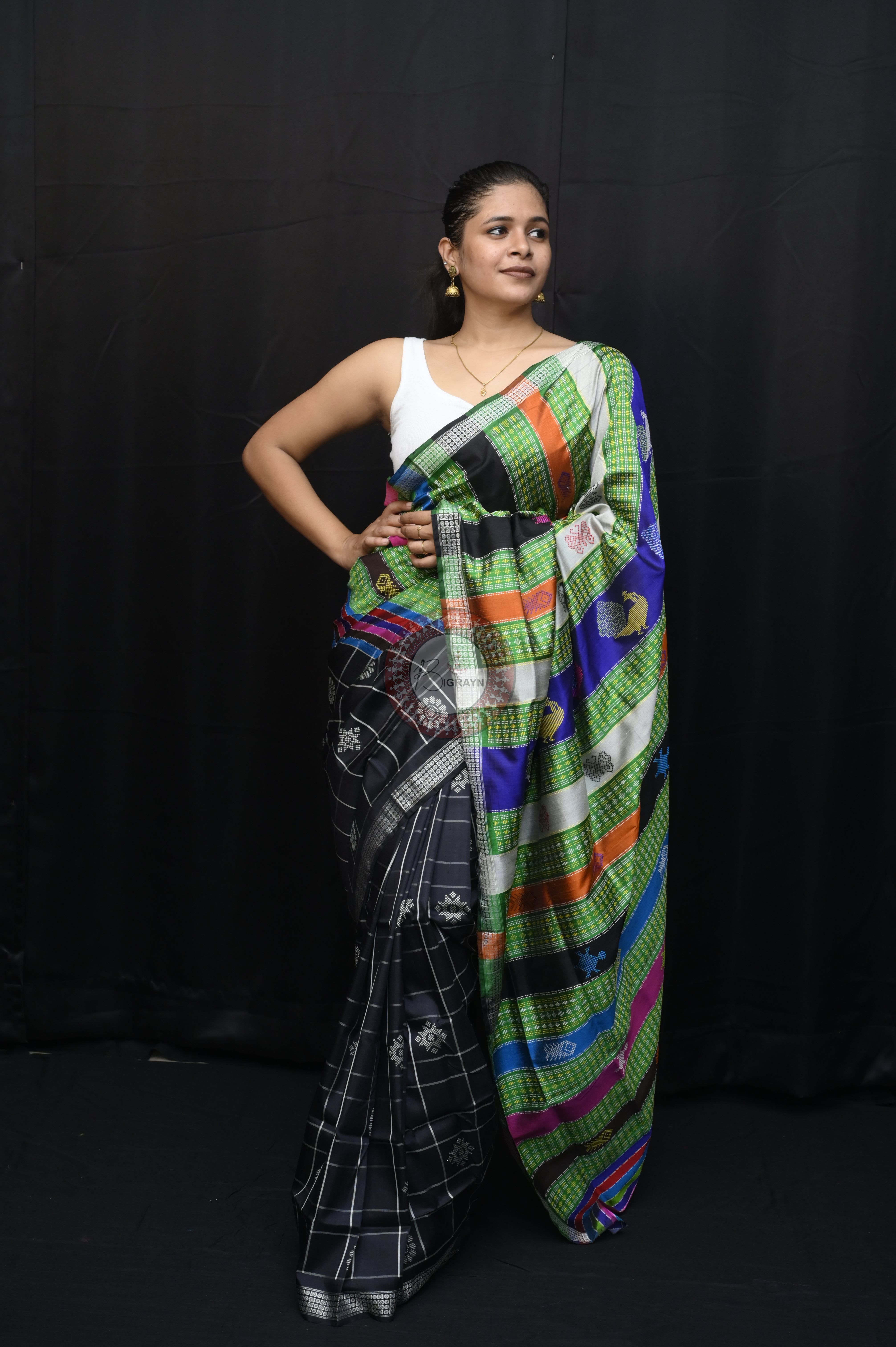 Black Checks Fish Tortoise Double Anchal Berhampuri Silk Saree