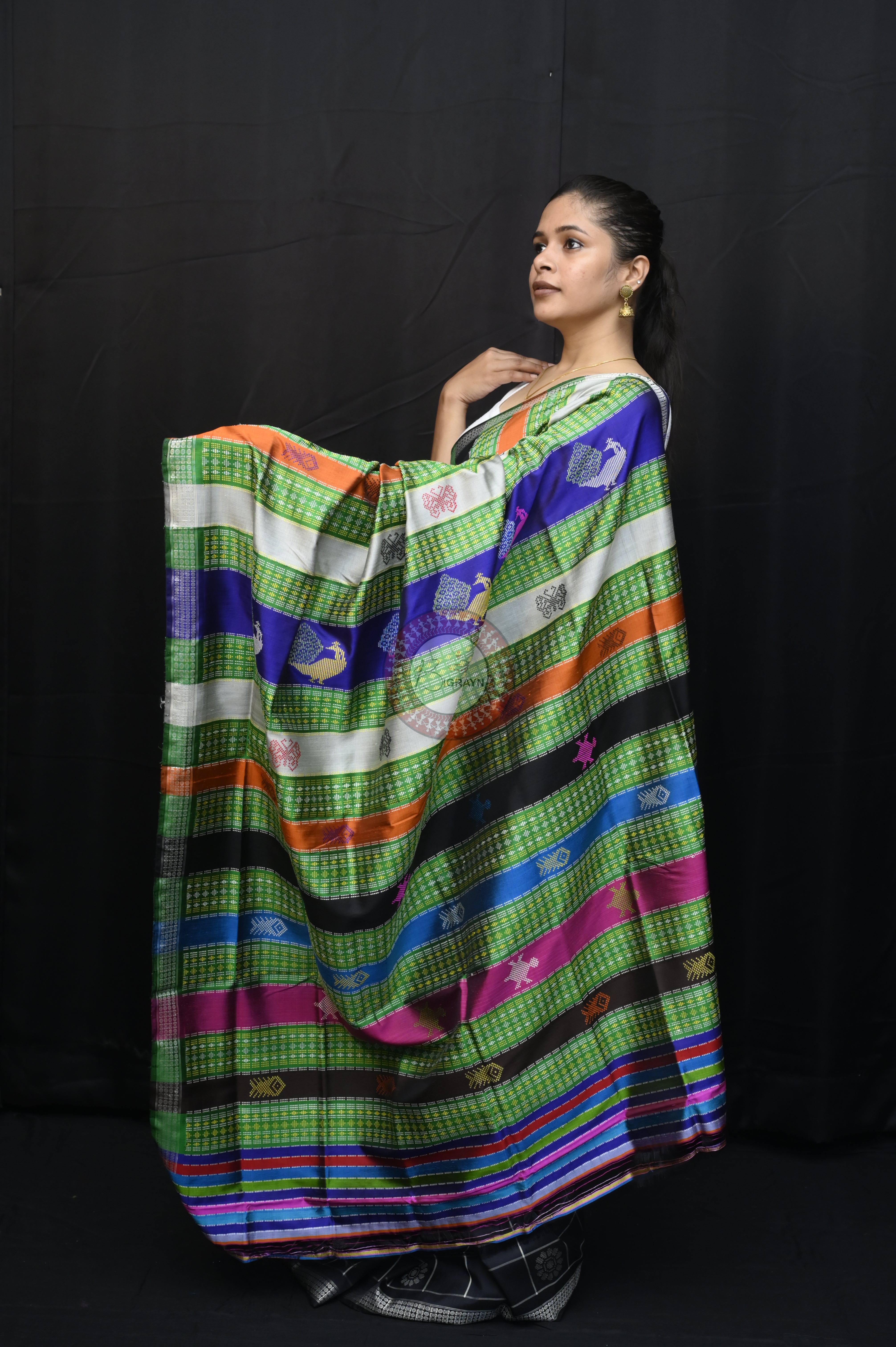 Black Checks Fish Tortoise Double Anchal Berhampuri Silk Saree