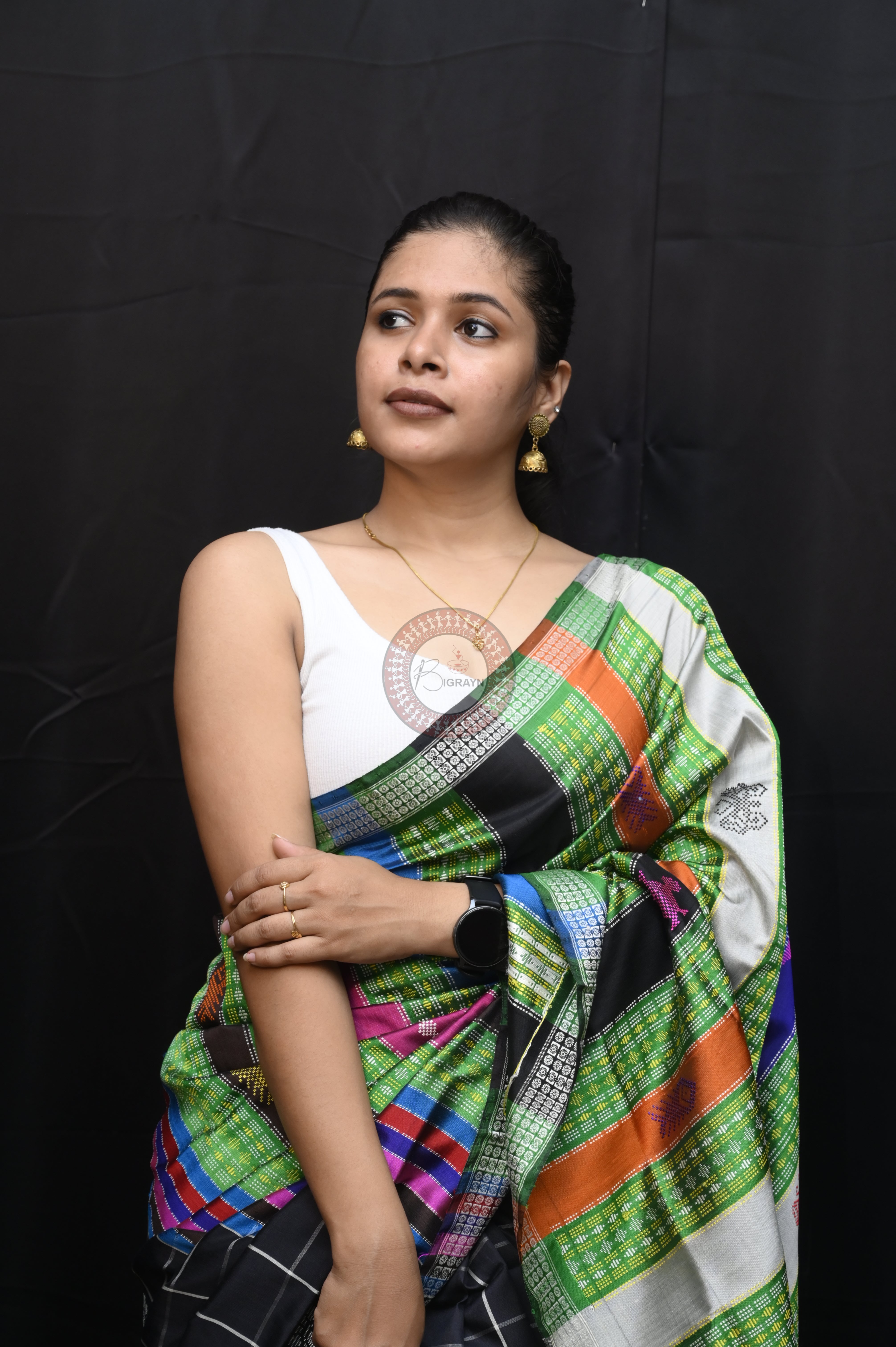 Black Checks Fish Tortoise Double Anchal Berhampuri Silk Saree