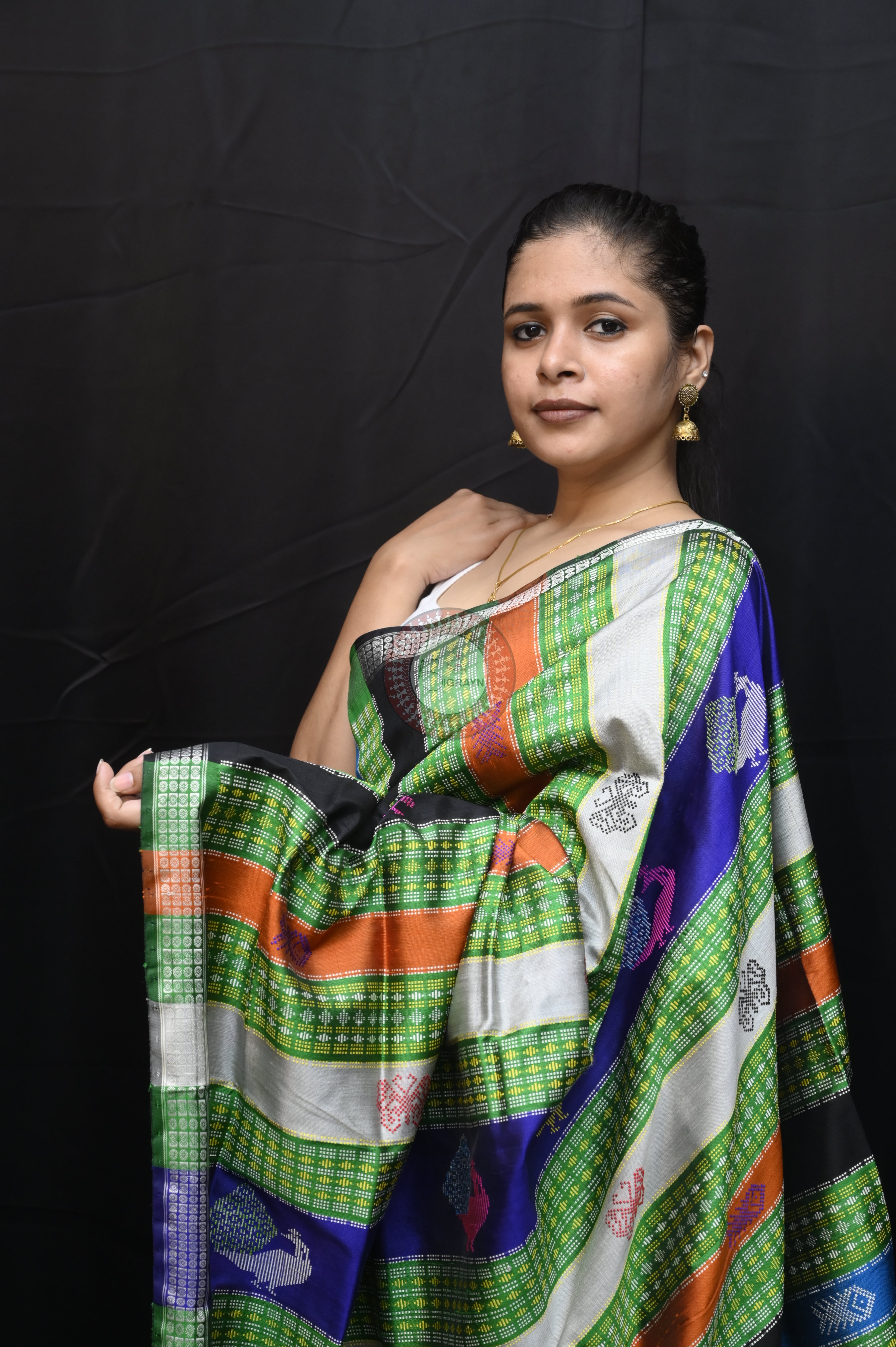 Black Checks Fish Tortoise Double Anchal Berhampuri Silk Saree