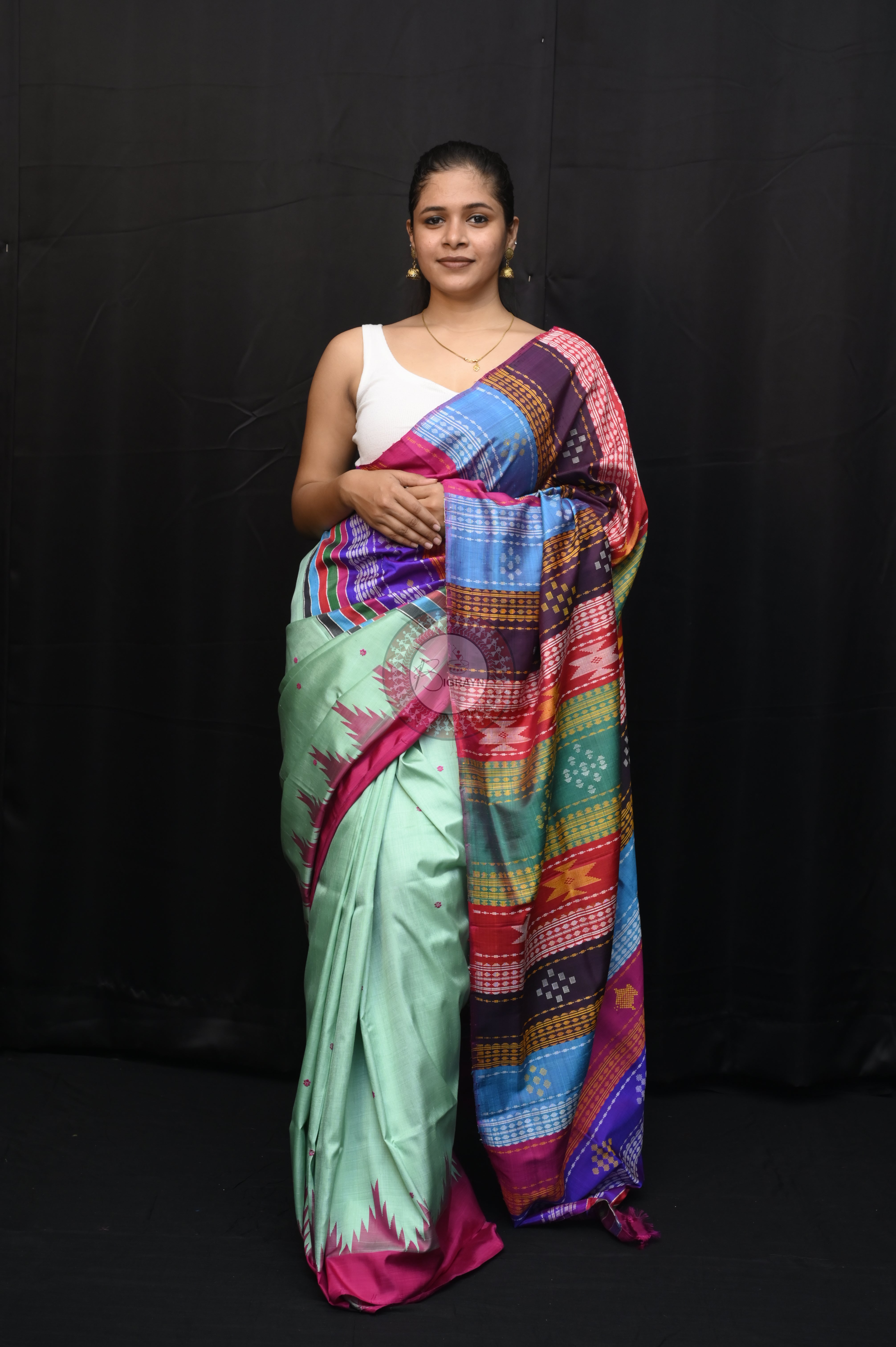 Torquoise Blue Red Double Anchal Berhampuri Silk Saree