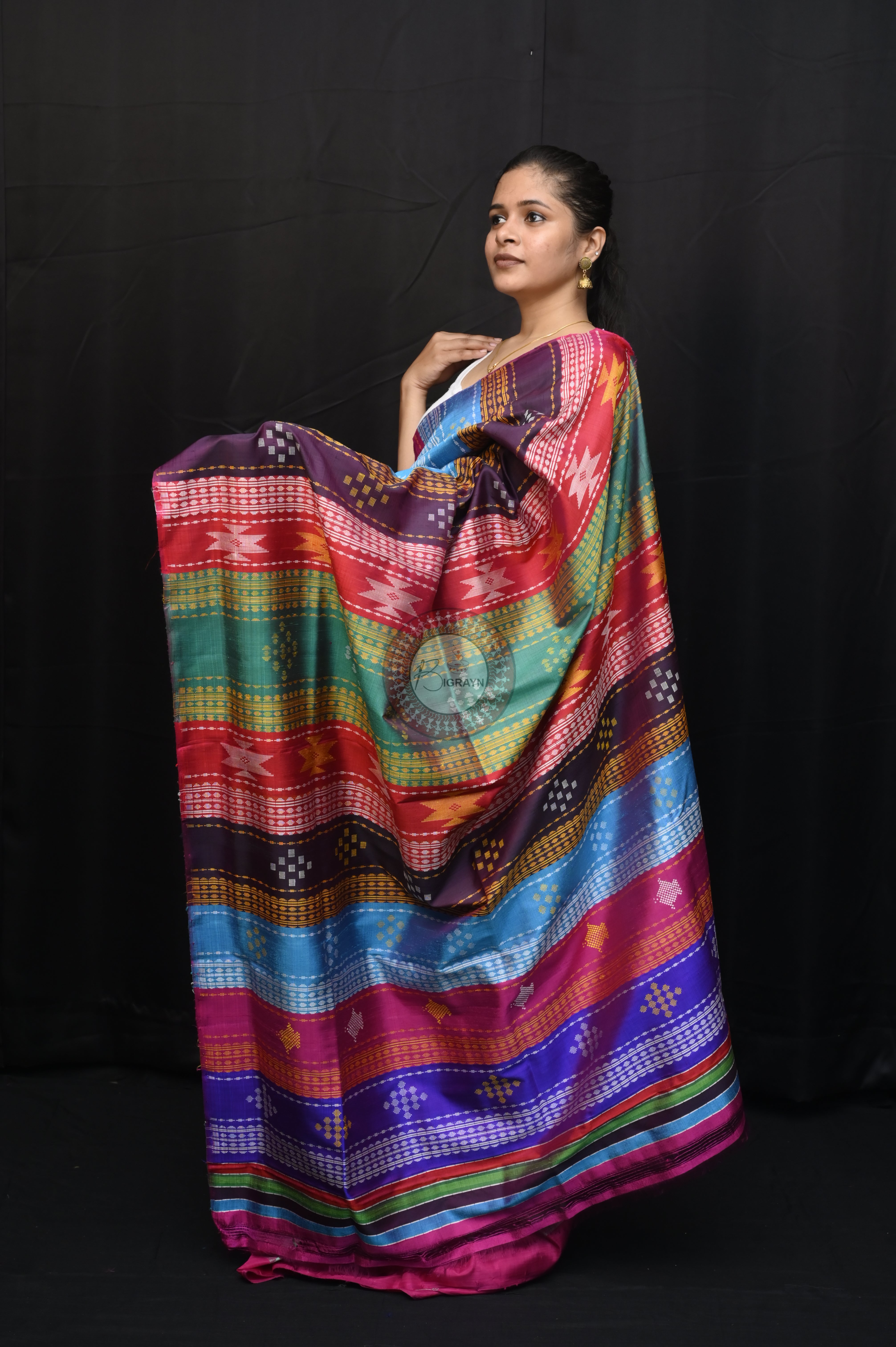 Torquoise Blue Red Double Anchal Berhampuri Silk Saree