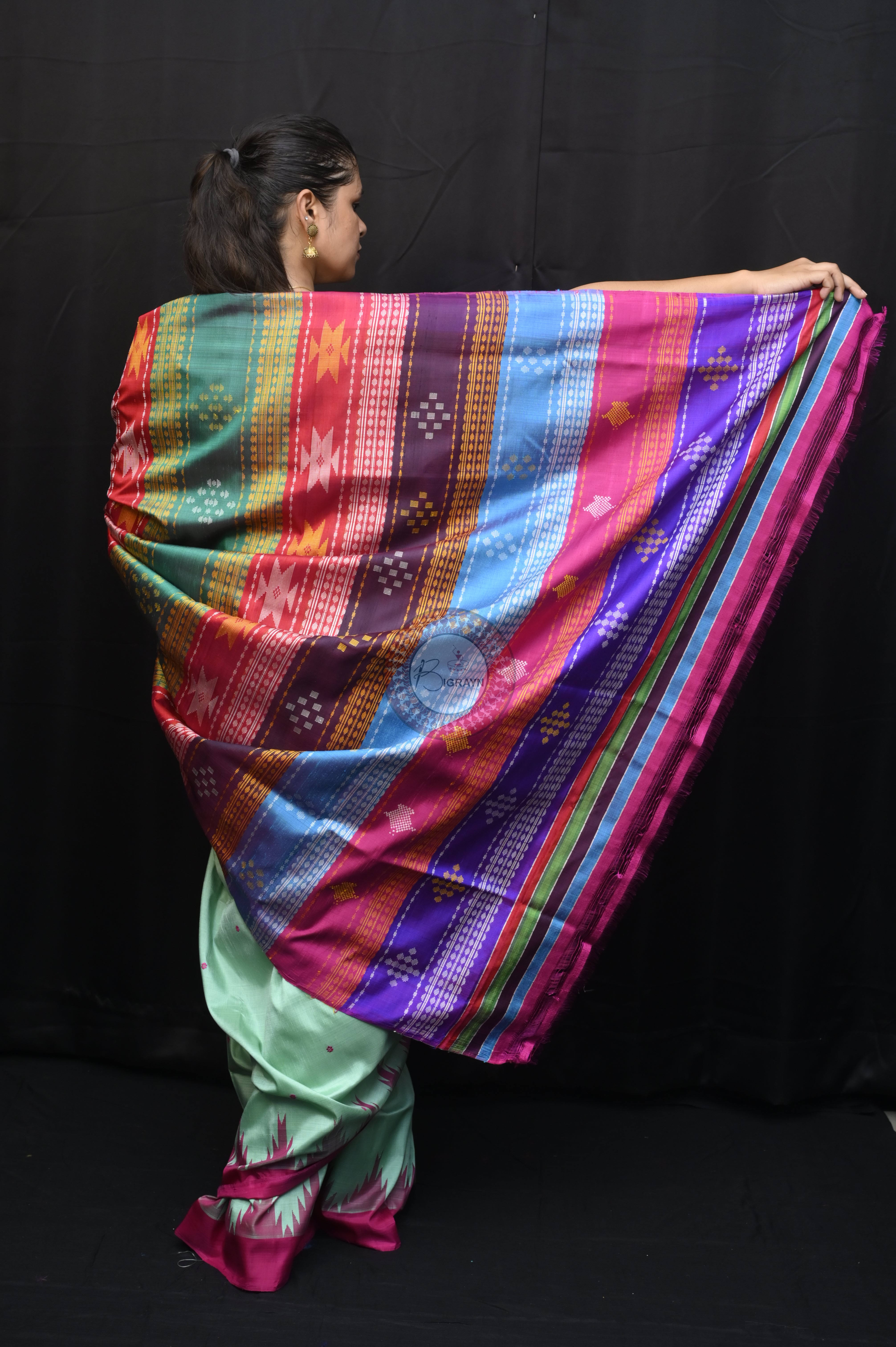 Torquoise Blue Red Double Anchal Berhampuri Silk Saree
