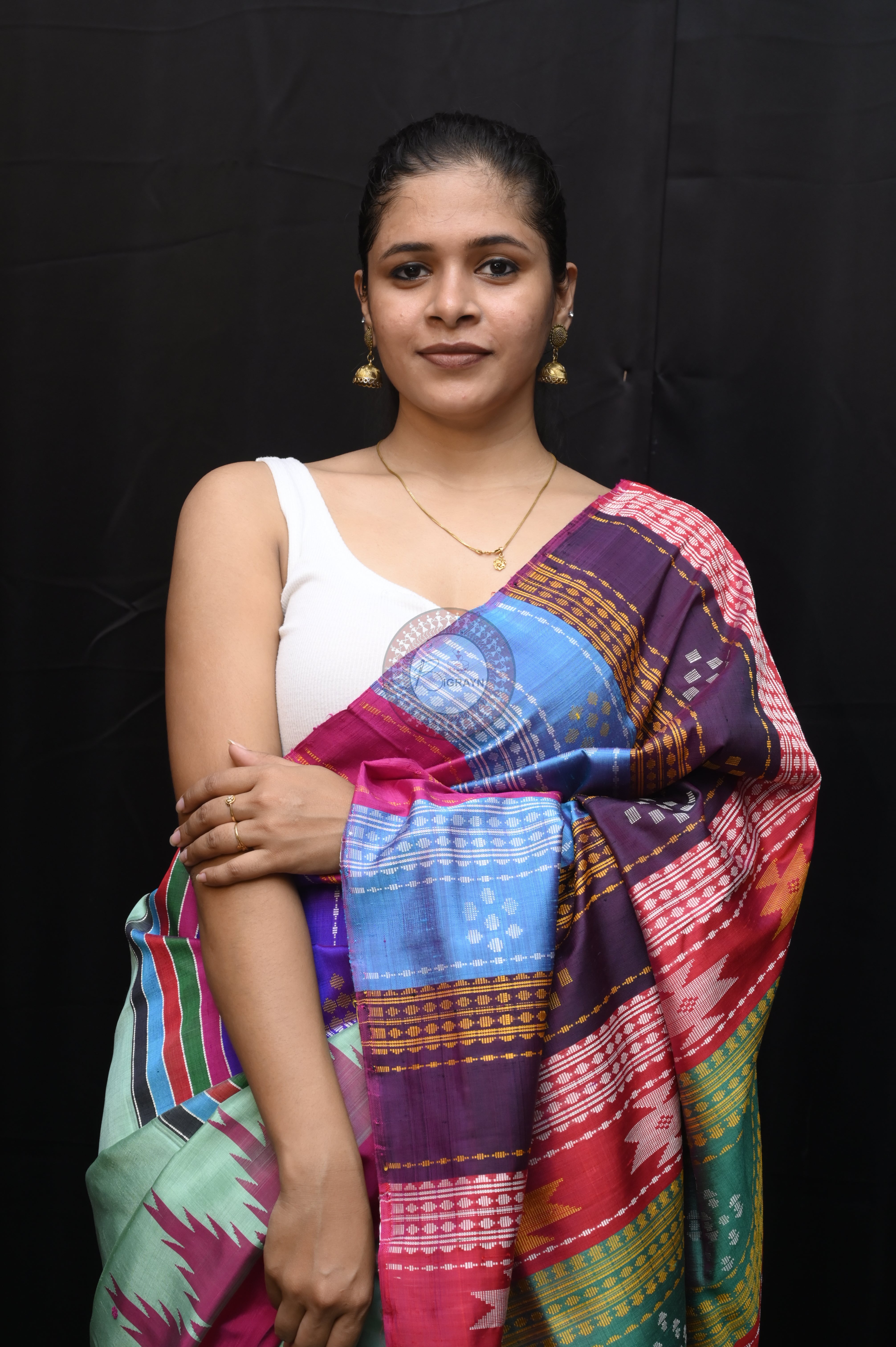 Torquoise Blue Red Double Anchal Berhampuri Silk Saree