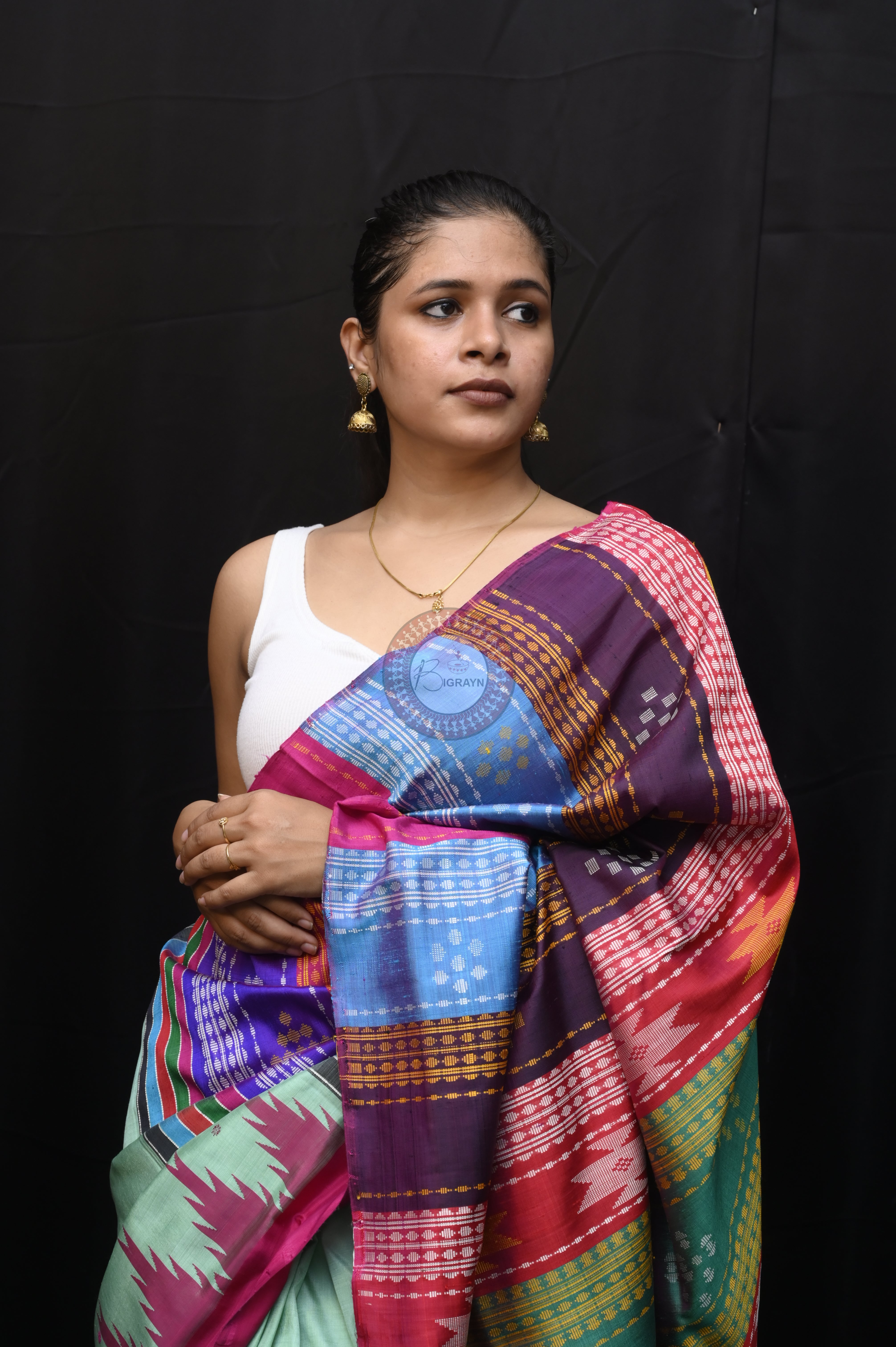 Torquoise Blue Red Double Anchal Berhampuri Silk Saree