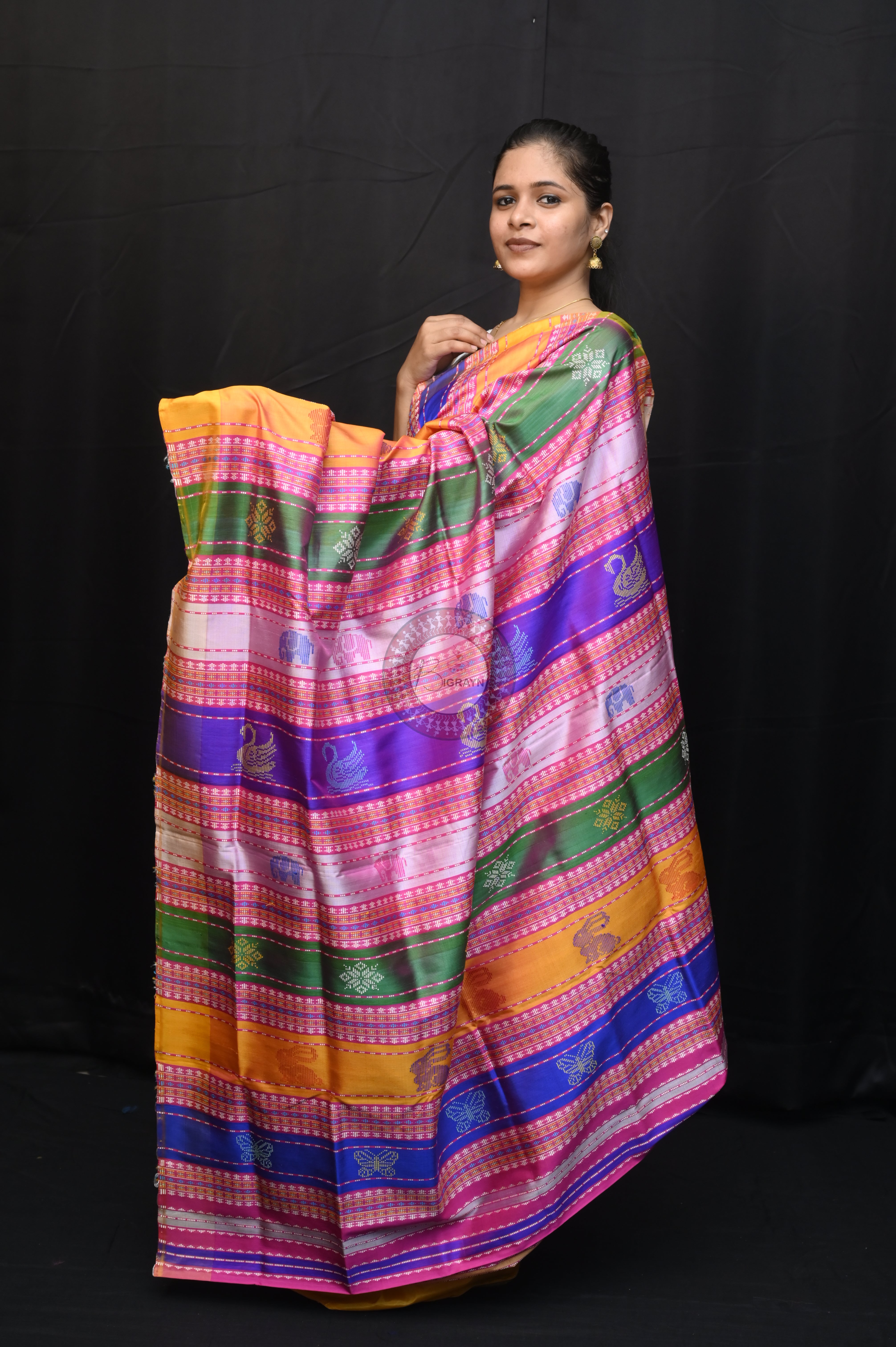 Magenta Yellow Double Animal Anchal Berhampuri Silk Saree