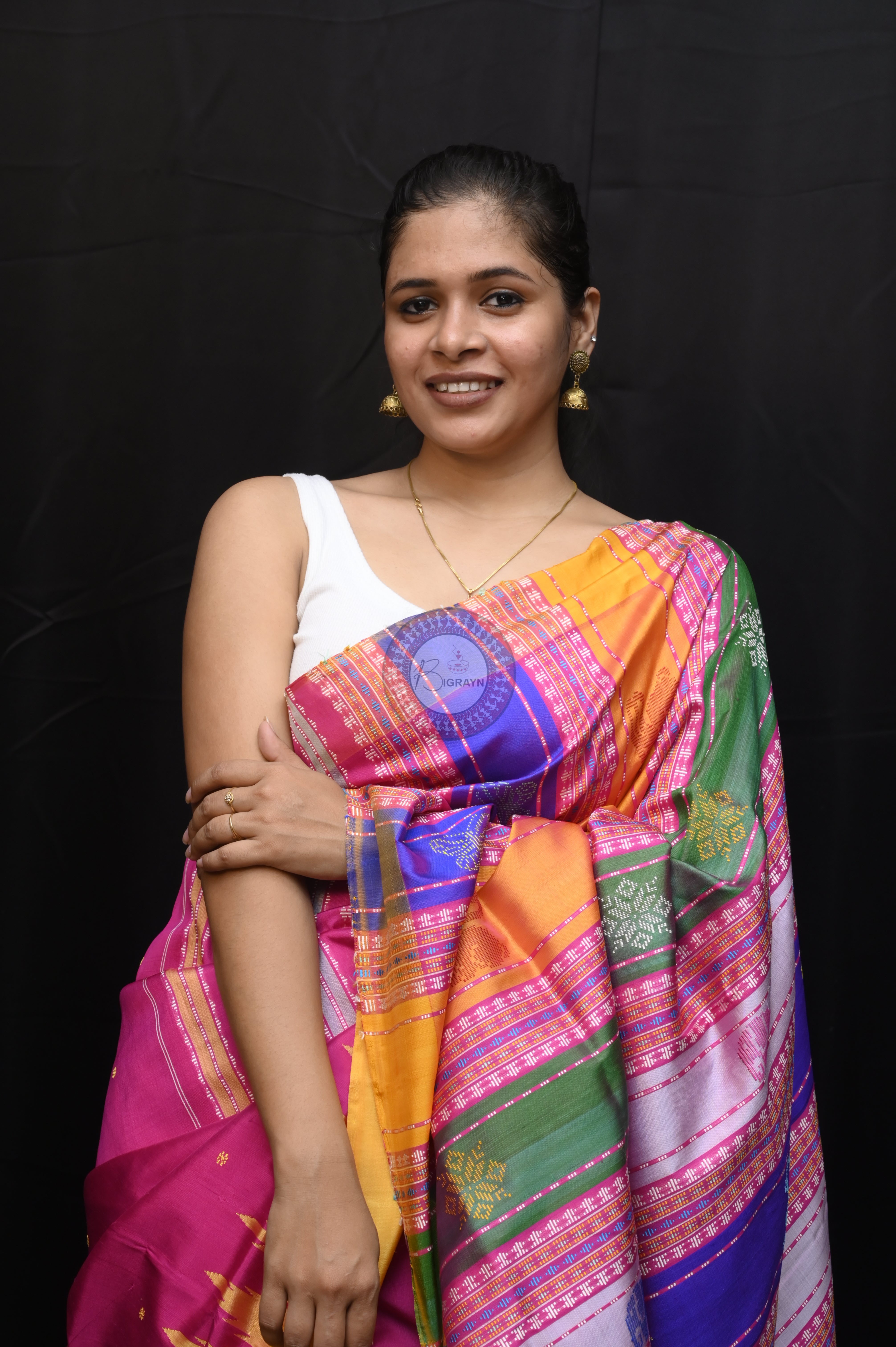 Magenta Yellow Double Animal Anchal Berhampuri Silk Saree
