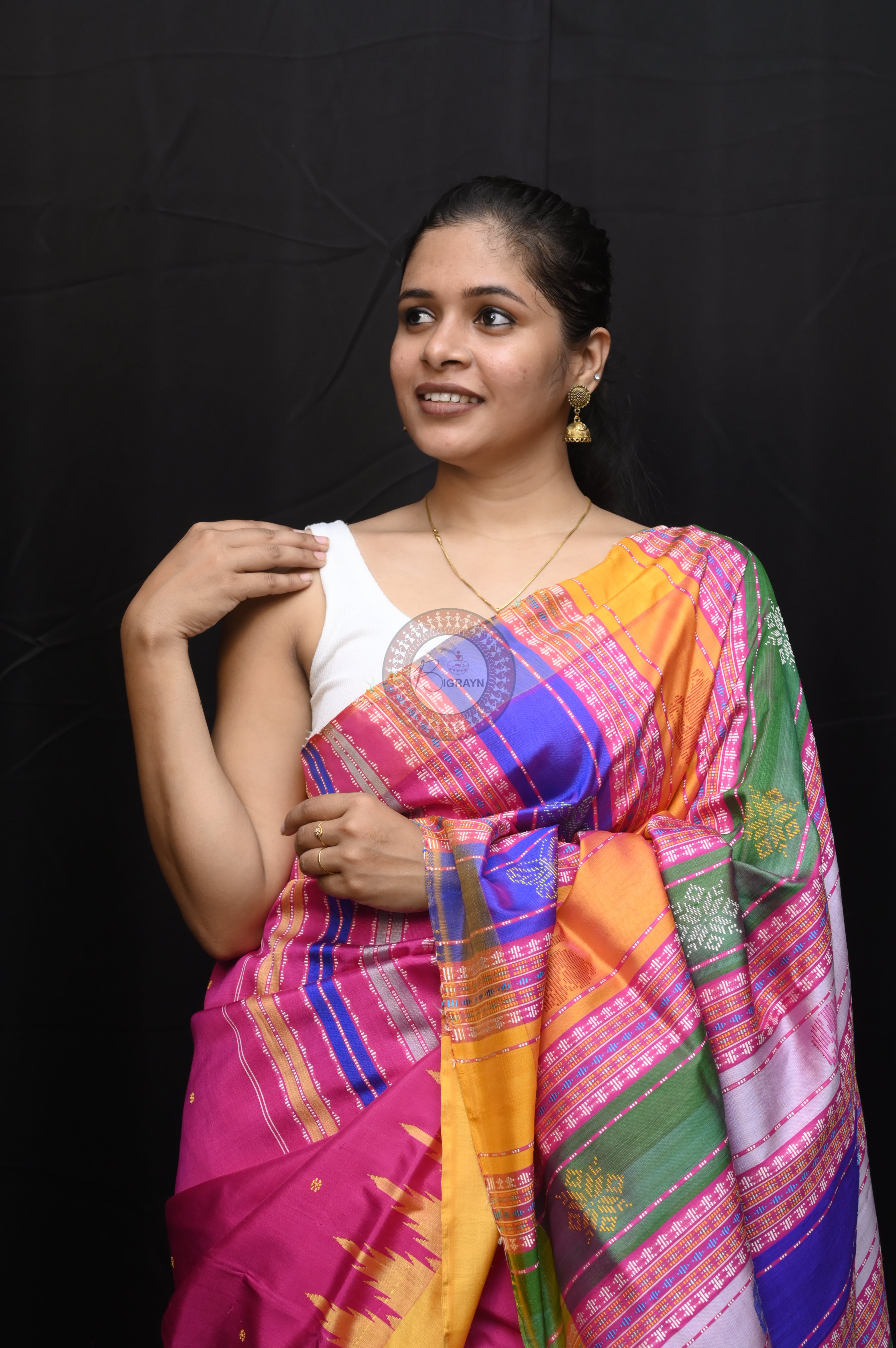 Magenta Yellow Double Animal Anchal Berhampuri Silk Saree