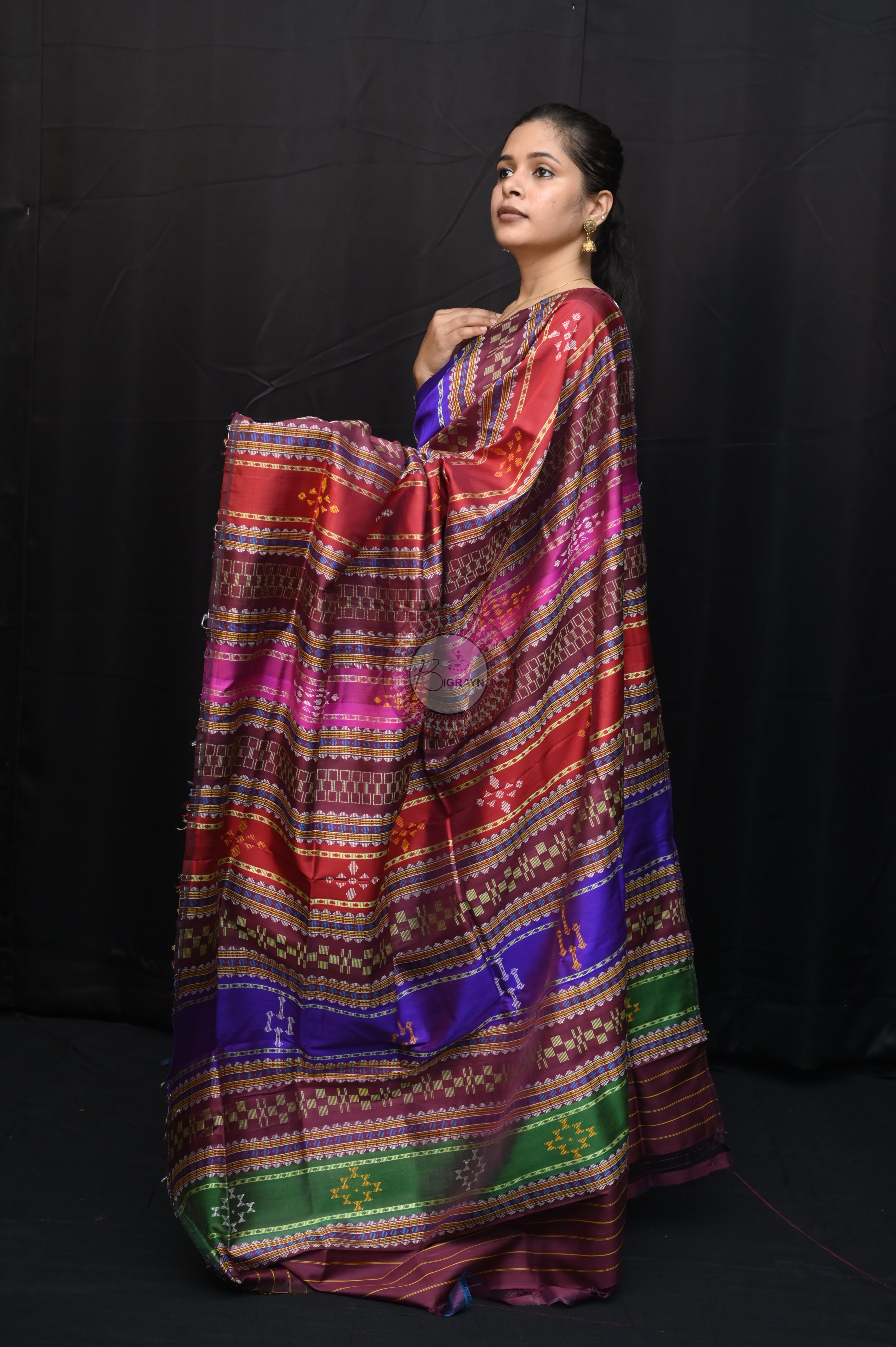 Blue Multicolour Border Double Anchal Berhampuri Silk Saree