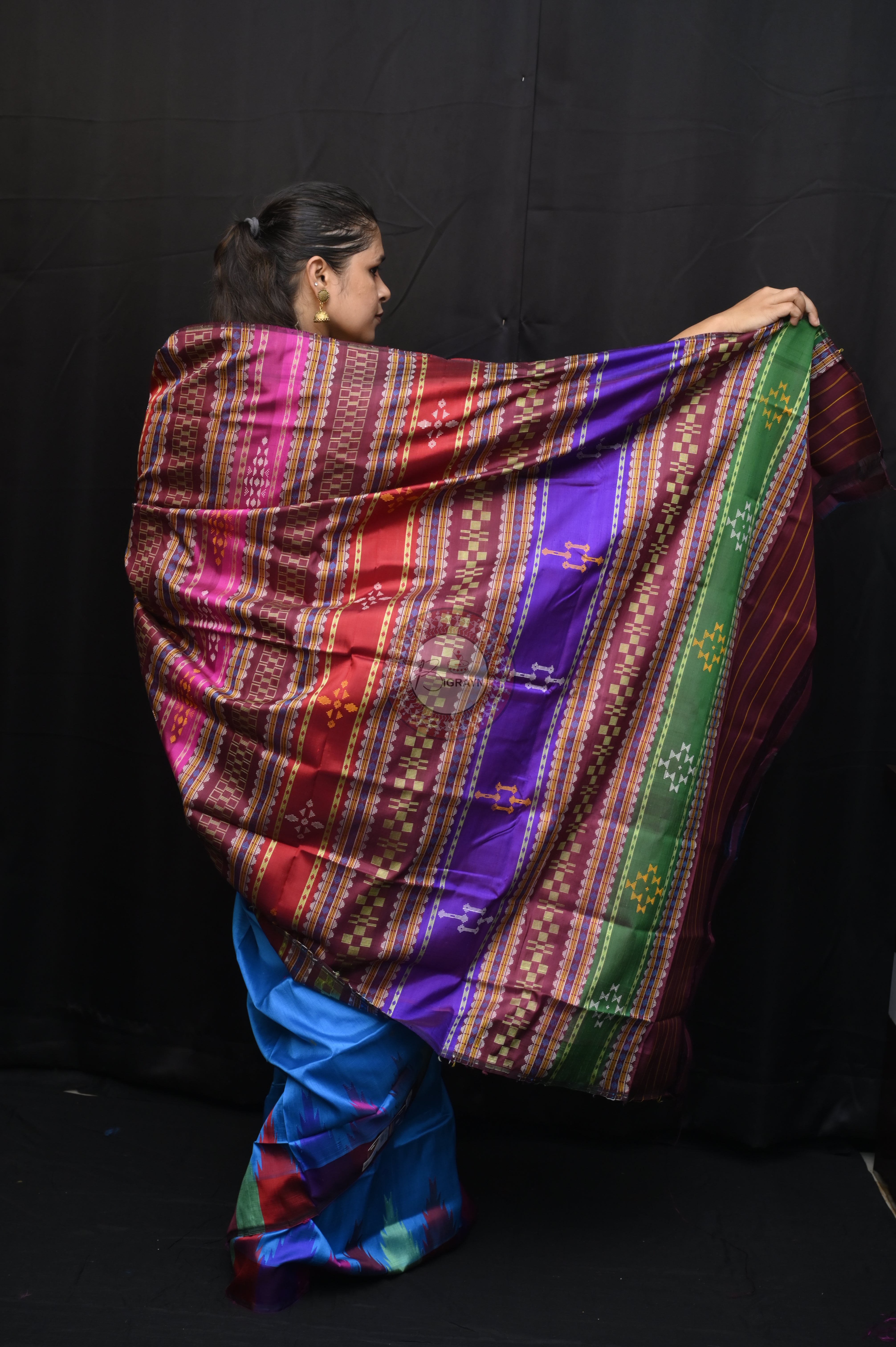 Blue Multicolour Border Double Anchal Berhampuri Silk Saree